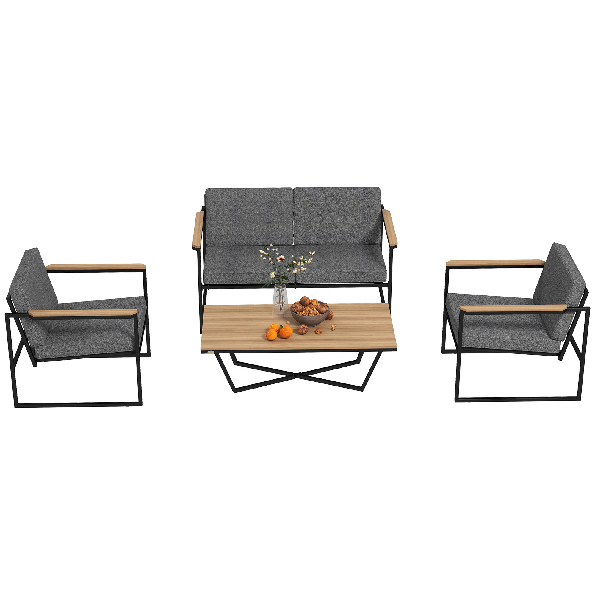 Gartenmöbel Set 4 Personen wetterfest Balkonmöbel-Set mit 2er Sofa, 2 Stühle Sitzkissen Beistelltisch Grau