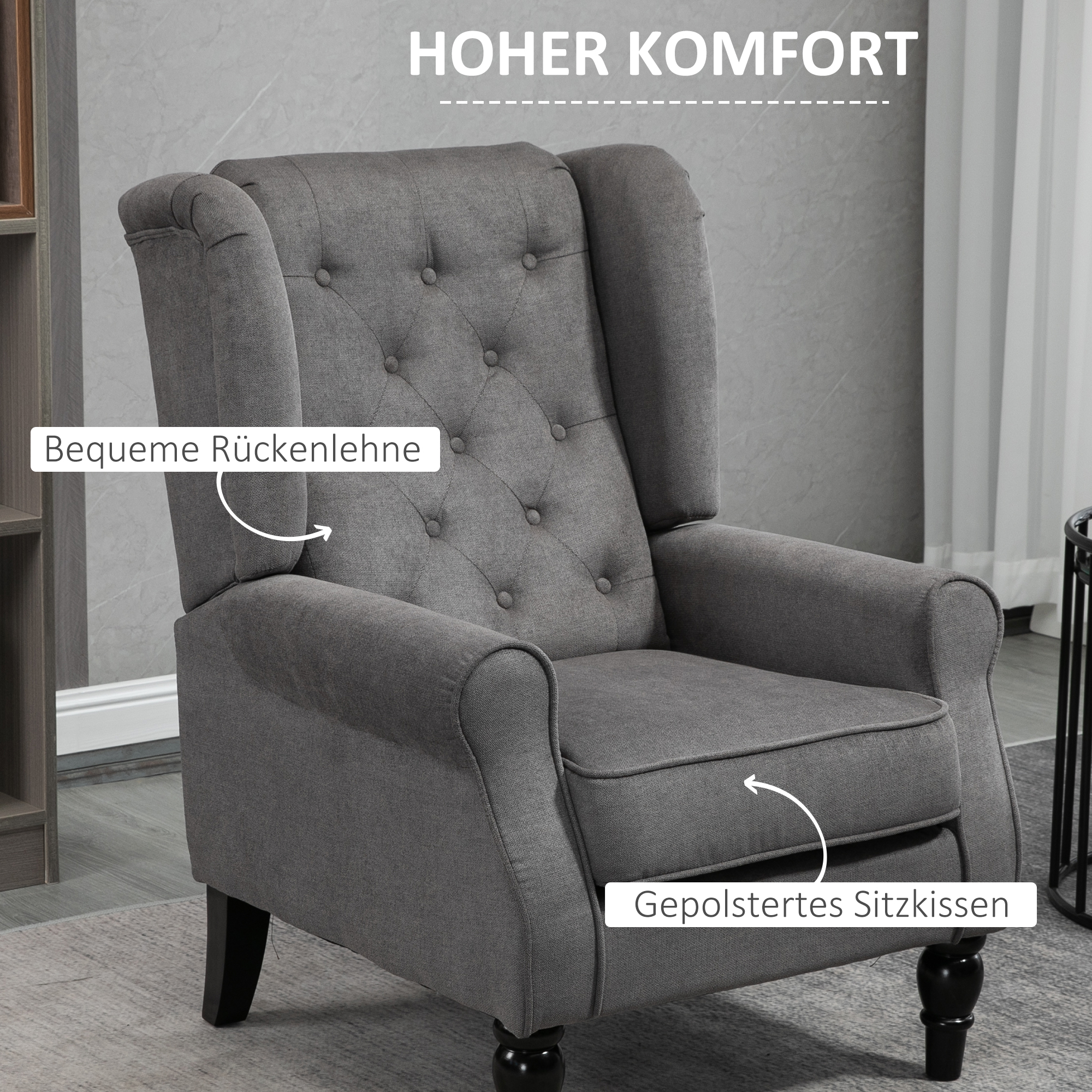 Ohrensessel im Vintage-Design, Lesesessel, Akzentsessel, Holzbeine, Knopfheftung, Grau + Schwarz