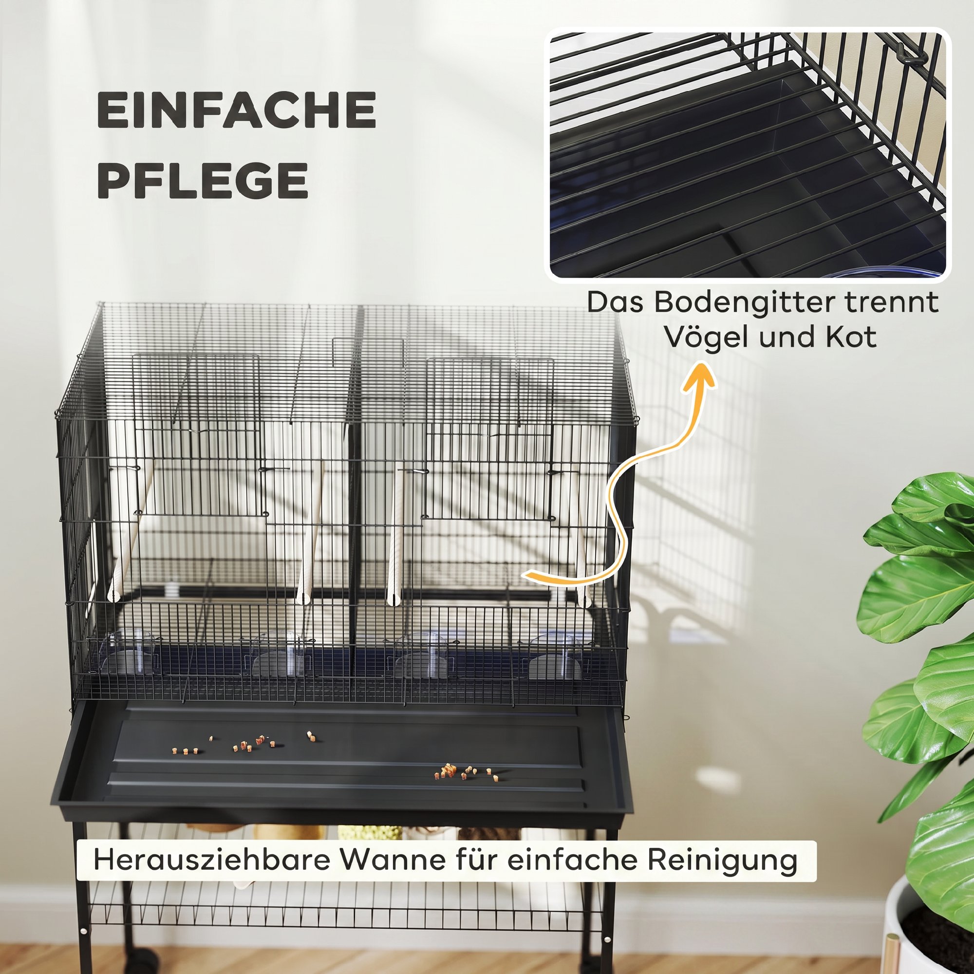 Vogelkäfig, Vogelvoliere mit Rollen, 2 Türen, 4 Sitzstangen, Ablagefach, Metall Vogelhaus 76x46x116cm, Schwarz
