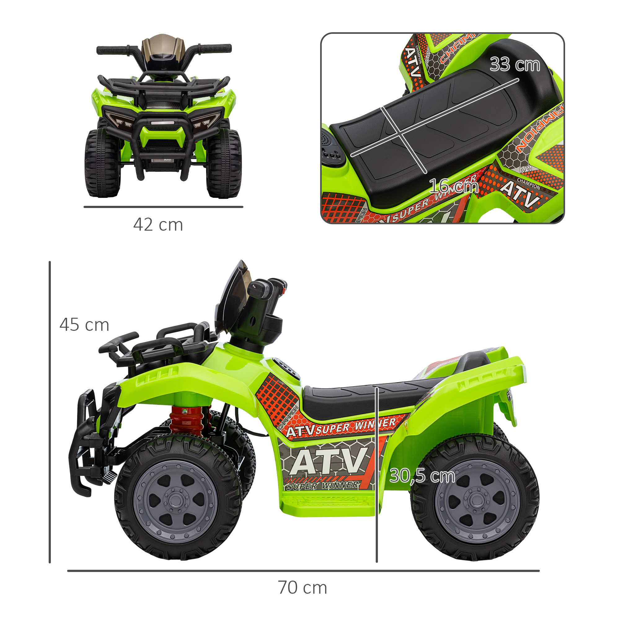 Kinder Quad Elektro 6V Kinderquad mit Vorwärtsfunktion, Musik, Elektro-Quad für Kinder 1,5-3 Jahre Grün