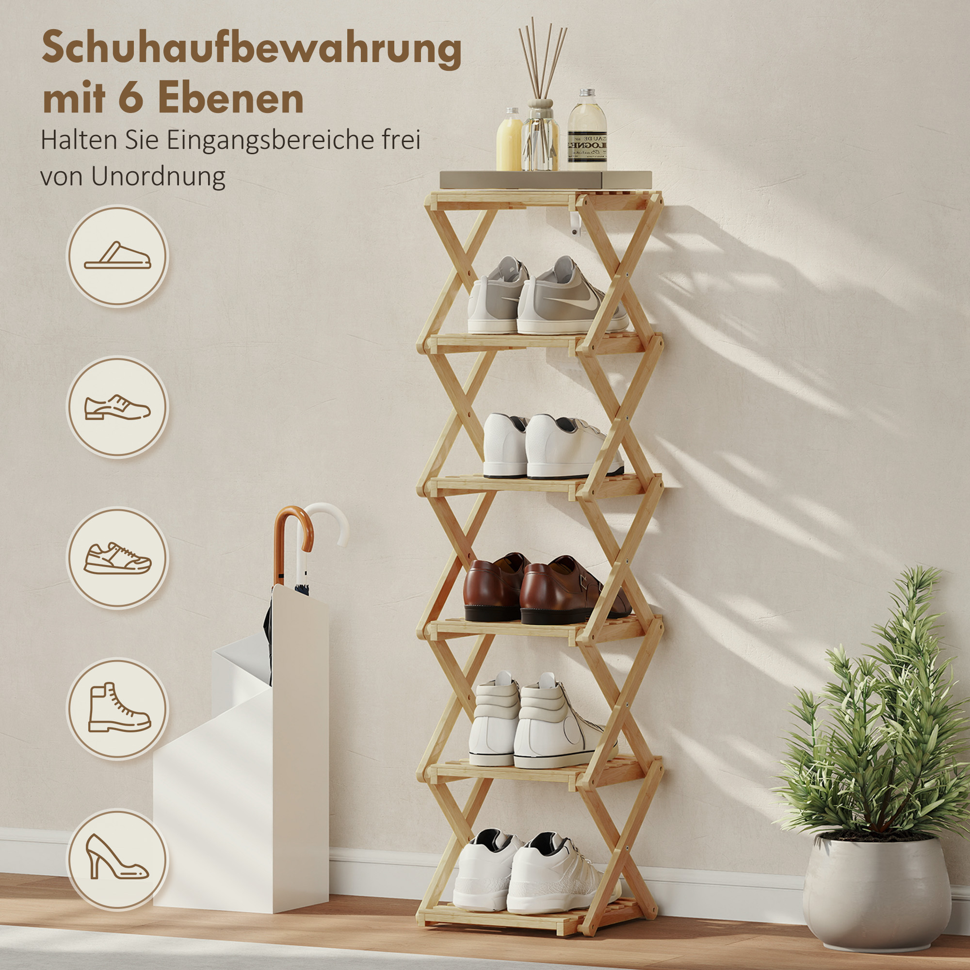 Schuhregal, klappbar Schuhständer mit 6 Ebenen aus Bambus, für max. 9 Paar Schuhe, 30 x 29 x 108 cm, Natur