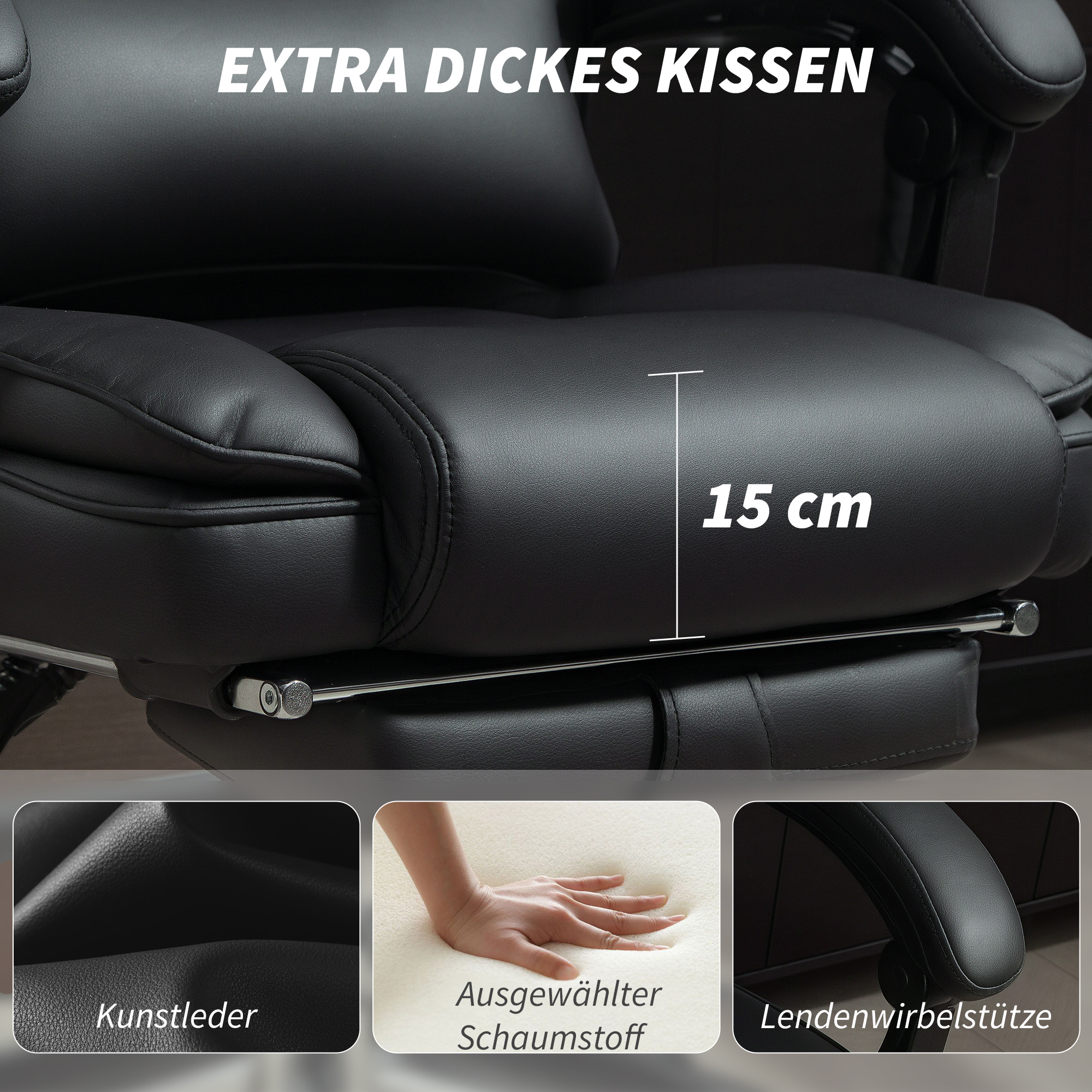 Bürostuhl Ergonomischer Höhenverstellbarer Drehstuhl mit Lendenwirbelstütze, Armlehne, Fußstütze, PU-Leder, Schwarz