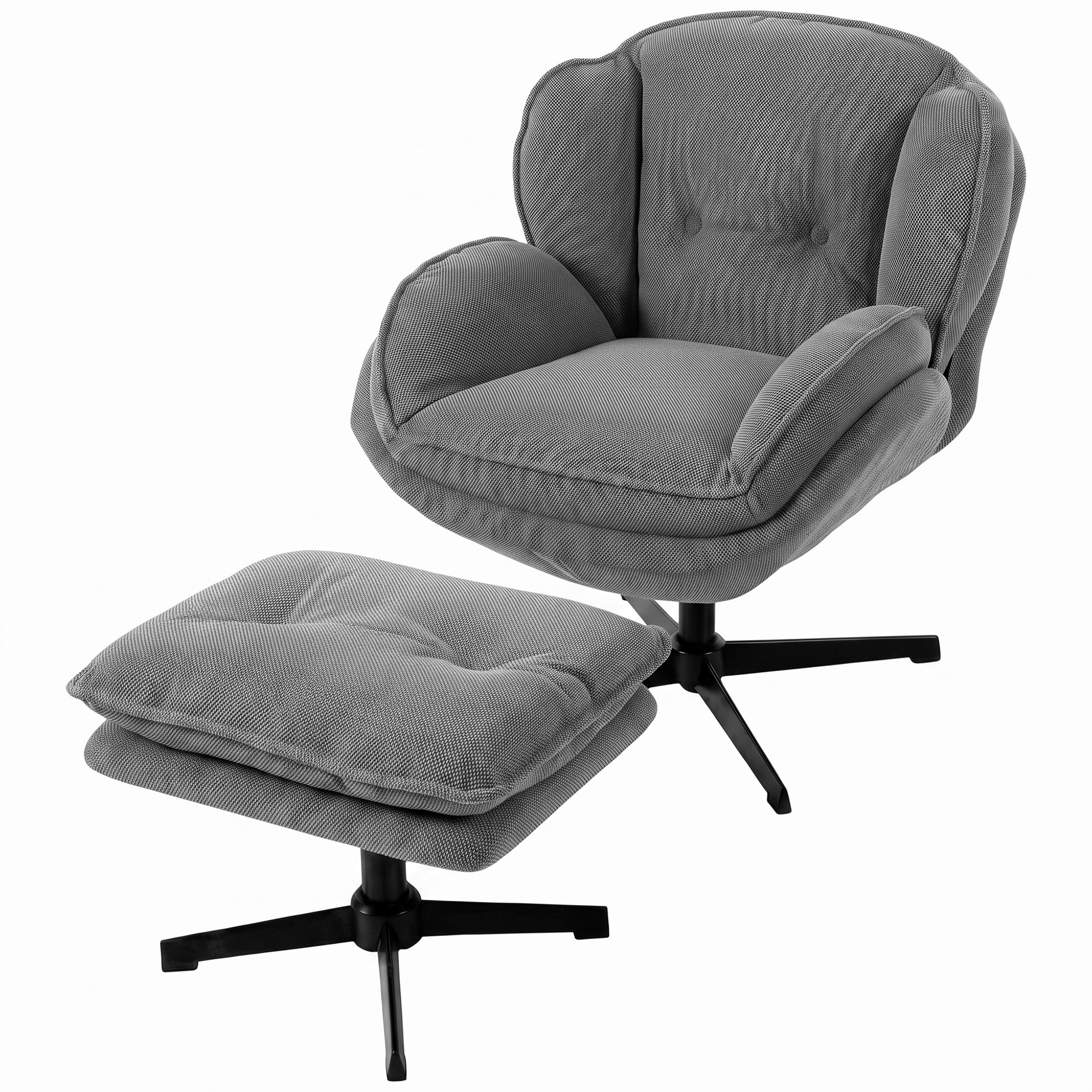 Sessel mit verstellbarem Fußhocker, 360° drehbar, Chenille-Bezug, dicke Polsterung, Grau