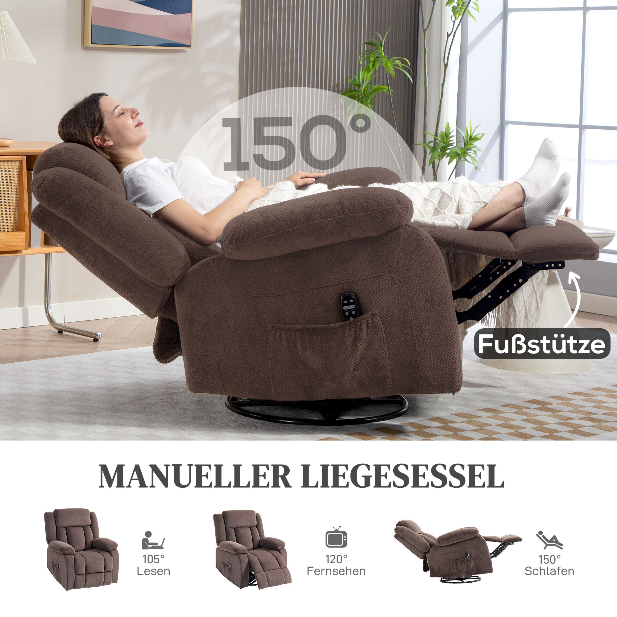Massage-Sessel, 8 Vibrationspunkte, 5 Modi, Lendenheizung, verstellbar, drehbar, Polstersessel, Braun
