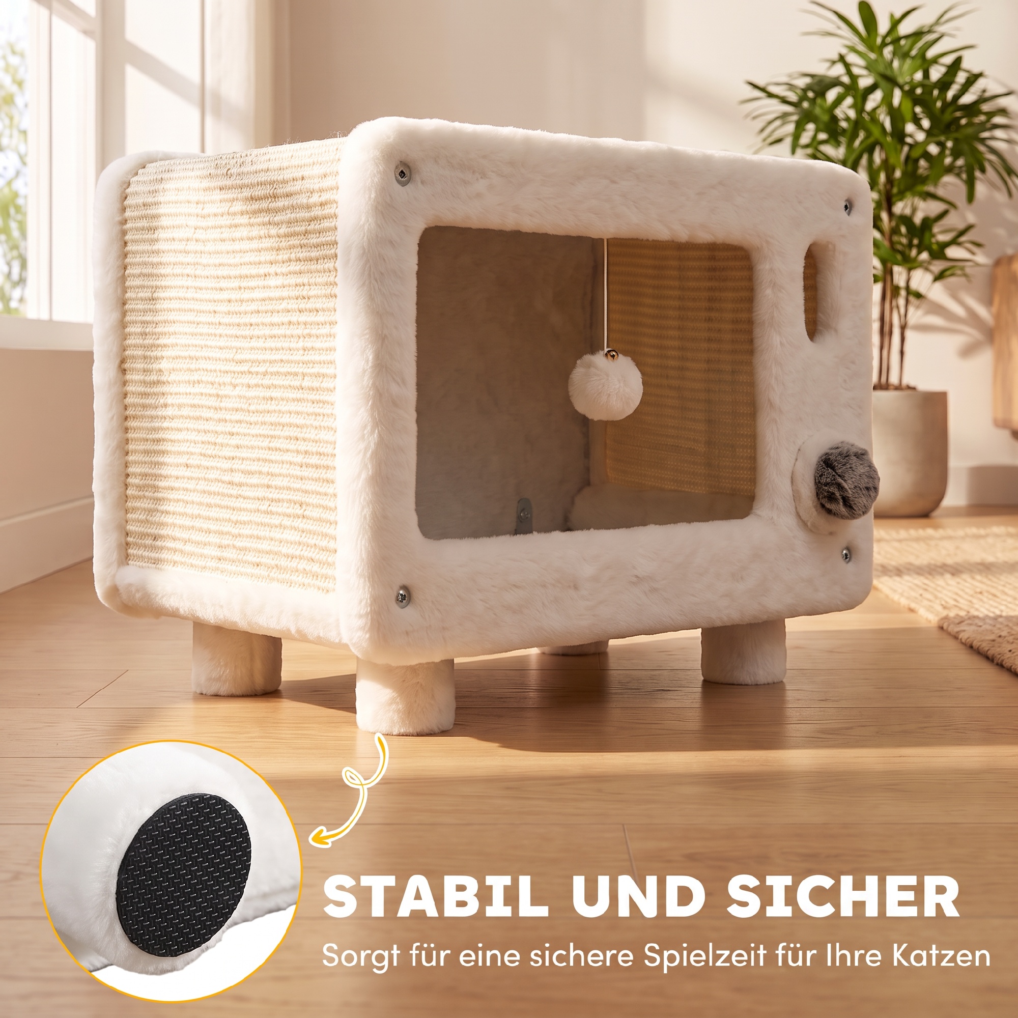 Katzenhaus im TV-Design, Katzenhöhle mit Hängematte und Spielball, Sisal-Kratzmatte, für Katzen bis 7 kg 50 x 33 x 42 cm
