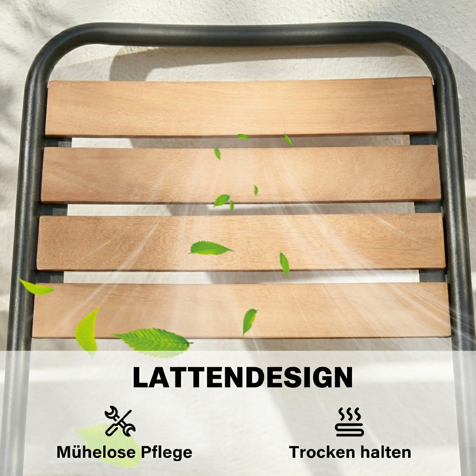 Gartenstuhl 2er Set wetterfest Gartenstühle aus Stahl und Holz Stapelstuhl mit Rückenlehne bis 160kg belastbar Naturholz