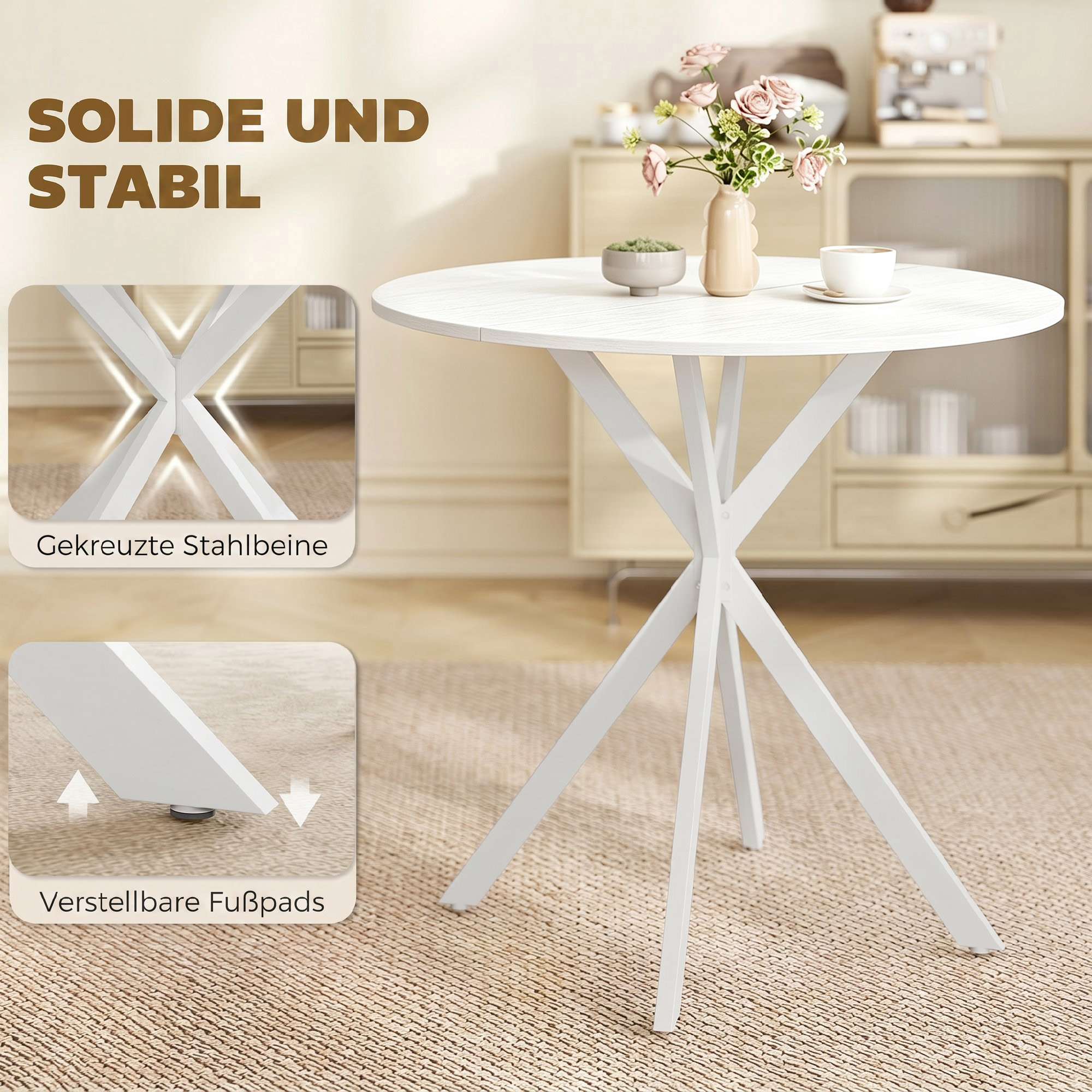 runder Küchentisch, 80 cm, kompakte Tischplatte, Spanplatte, Metall, Weiß