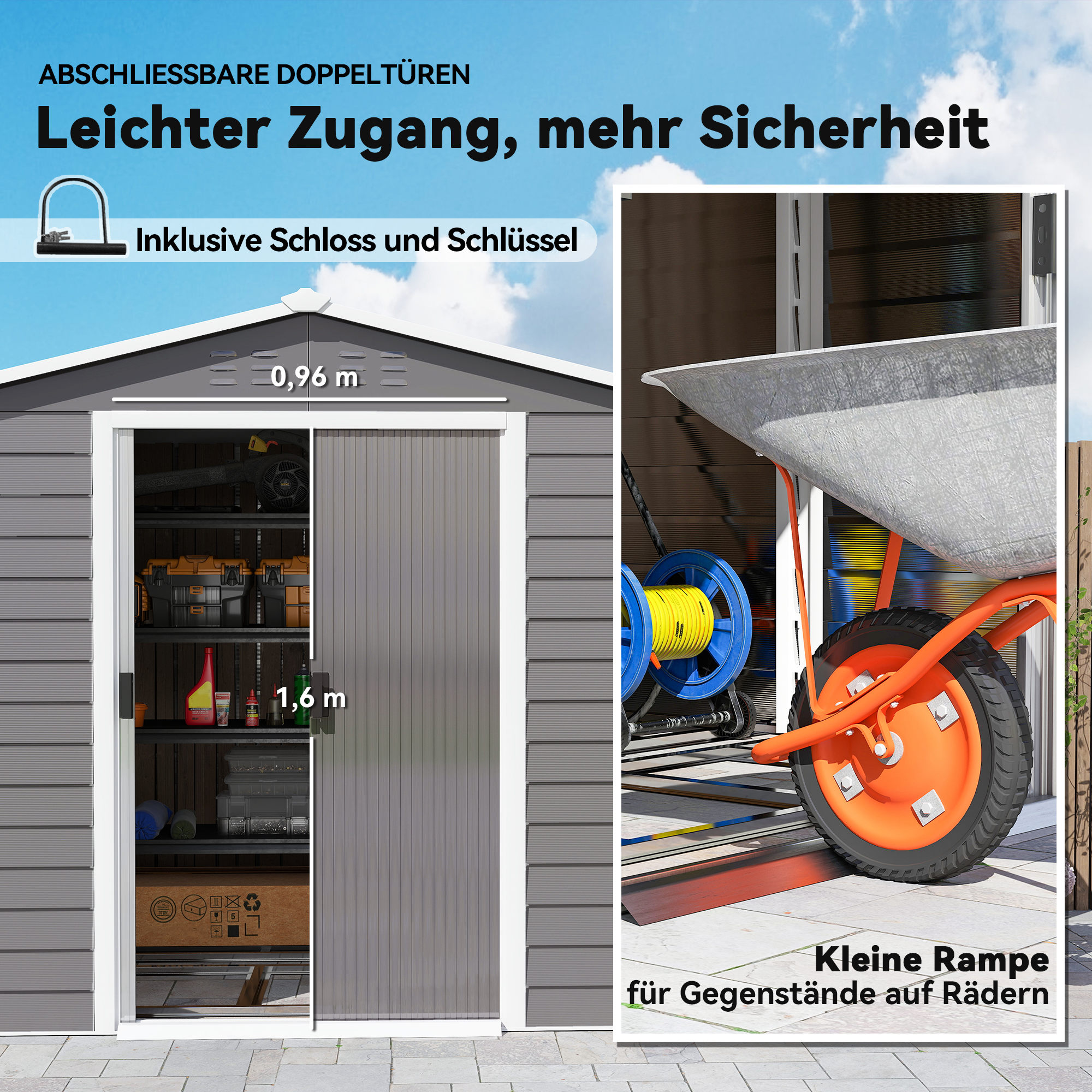 Geräteschuppen aus Metall, wetterfest & rostfrei, abschließbar,  2,40 x 2,06 x 1,98 m, Hellgrau