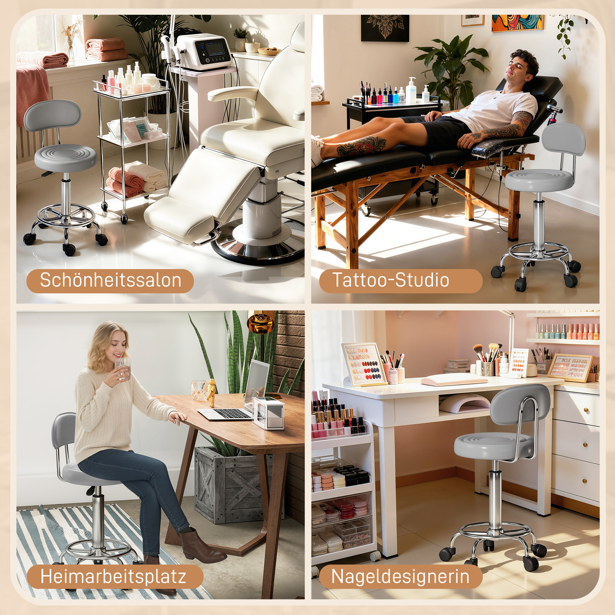 Rollhocker, Drehbarer und verstellbarer Hocker mit Rückenlehne, Kunstlederbezug, Fußstütze, für Frisiertische, Grau