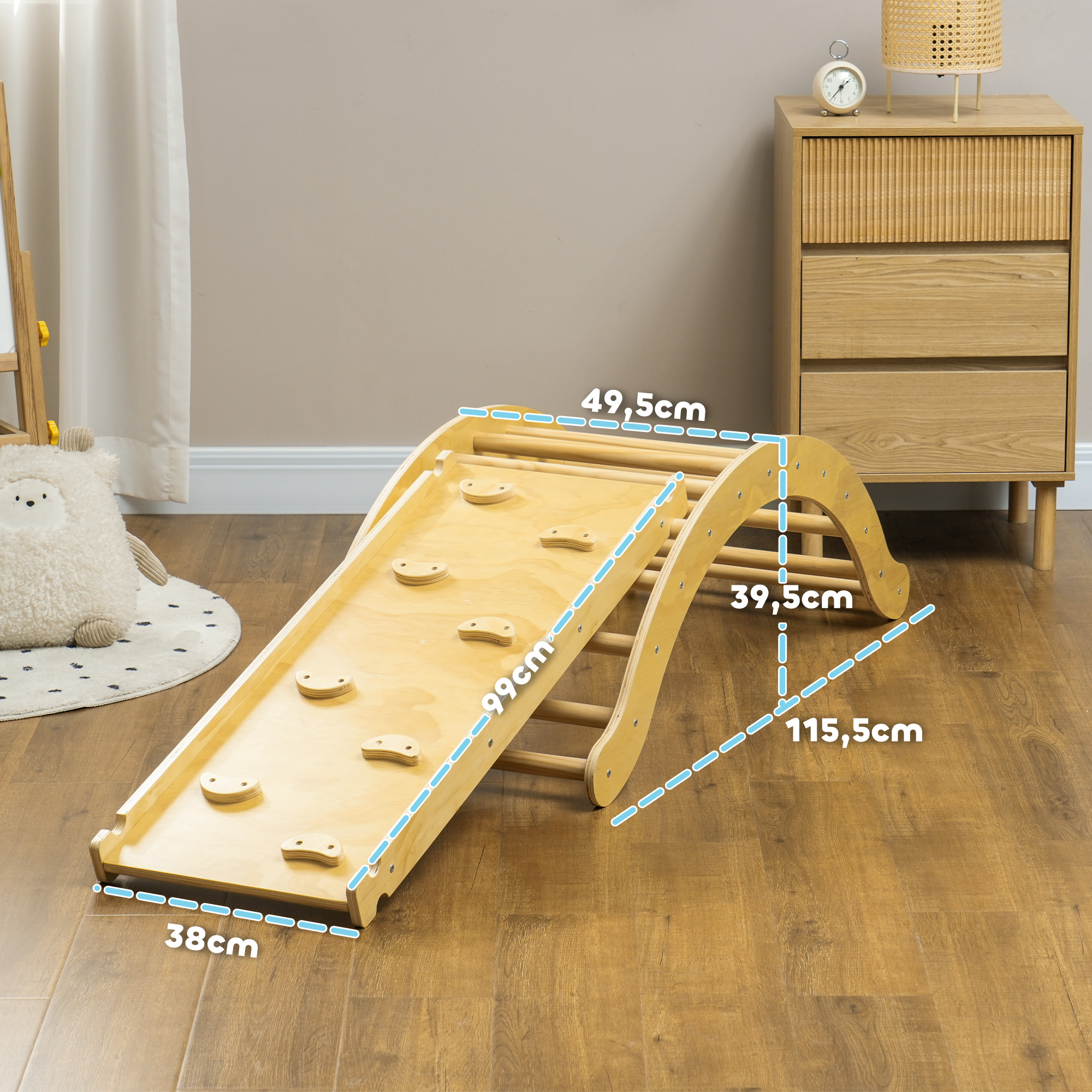 Kinder-Kletterset, 4-in-1-Design mit Bogenbrücke, Schaukelwippe, Kissen, Rutschrampe, für den Innenbereich, Holz