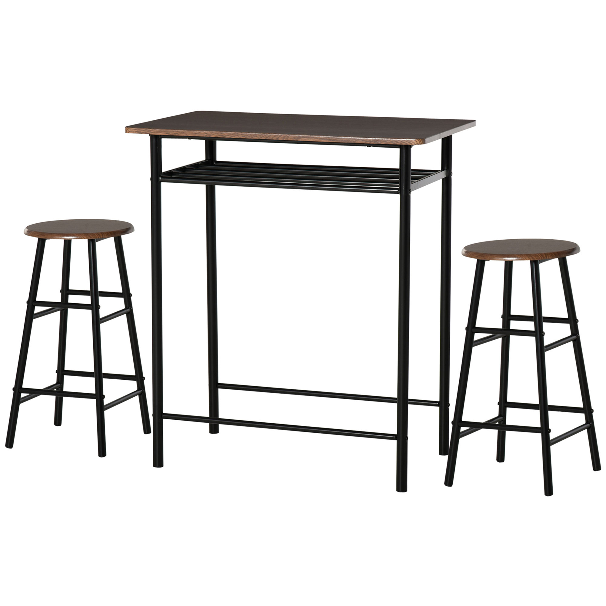 Bargarnitur, 3-teilig, Tisch & 2 Hocker, Regal, Industrie-Design, Schwarz/Eiche