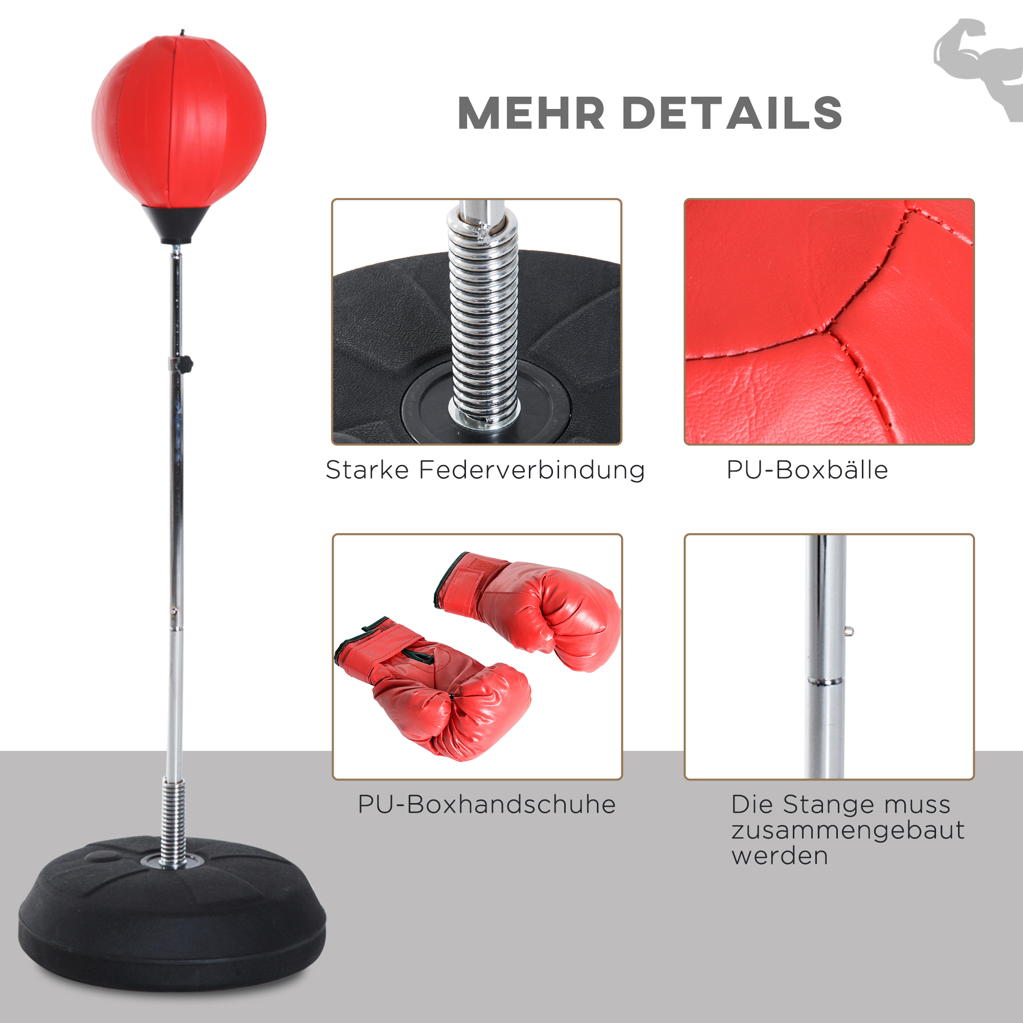 Box-Set mit Punchingball, höhenverstellbar, inkl. Boxhandschuhe, 126-144cm, Rot
