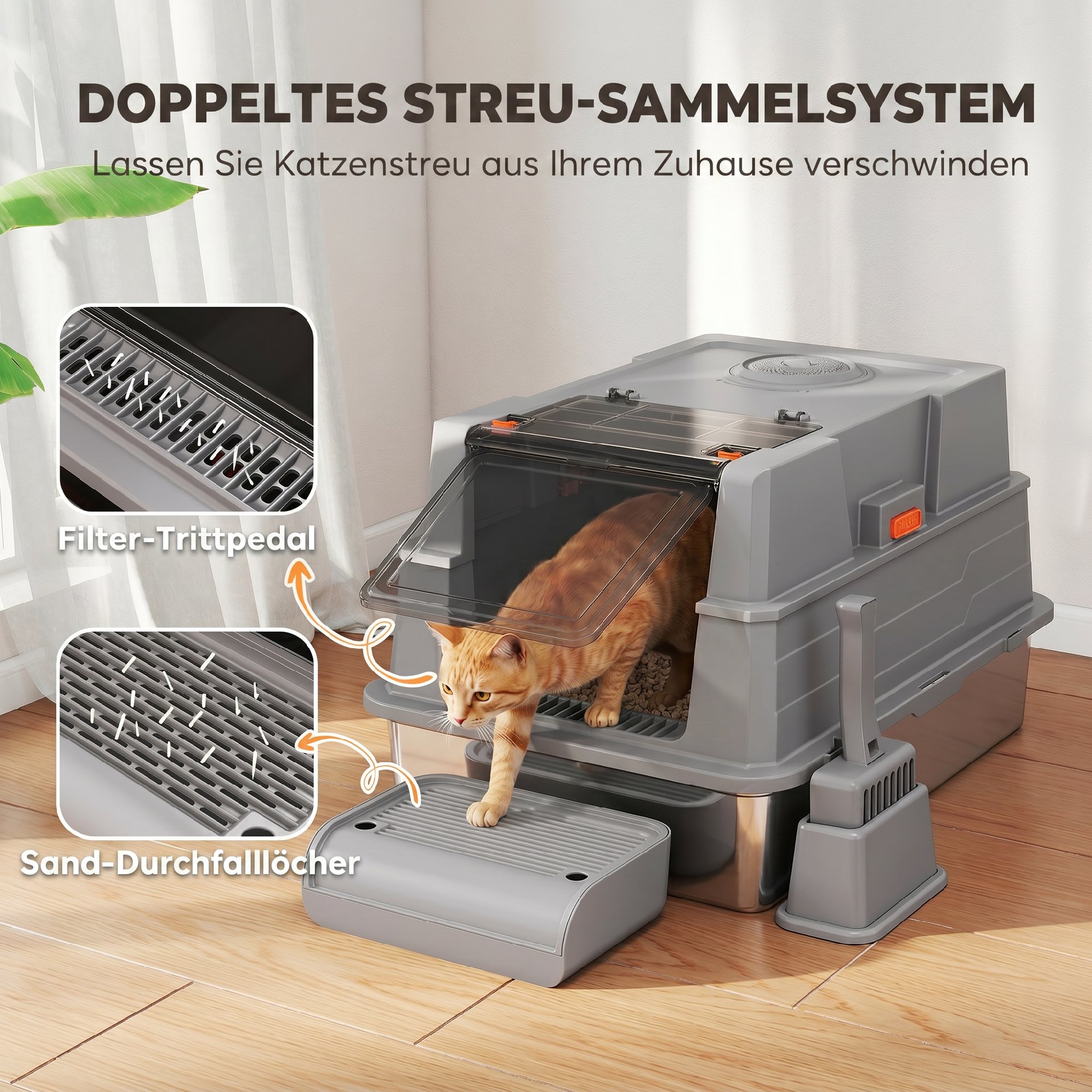 Katzenklo XXL Edelstahl Katzentoilette 130L mit 180° Klappdeckel Hohen Seitenwänden Schaufel Trittstufe 70x50x43cm Grau