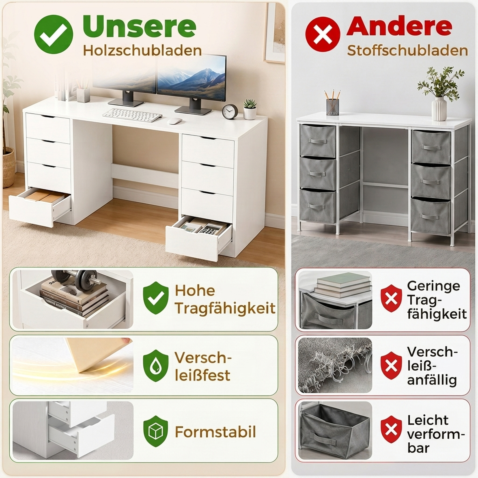 Schreibtisch 140 cm mit 8 Schubladen, moderner Bürotisch mit Stauraum, weiße Holzoptik