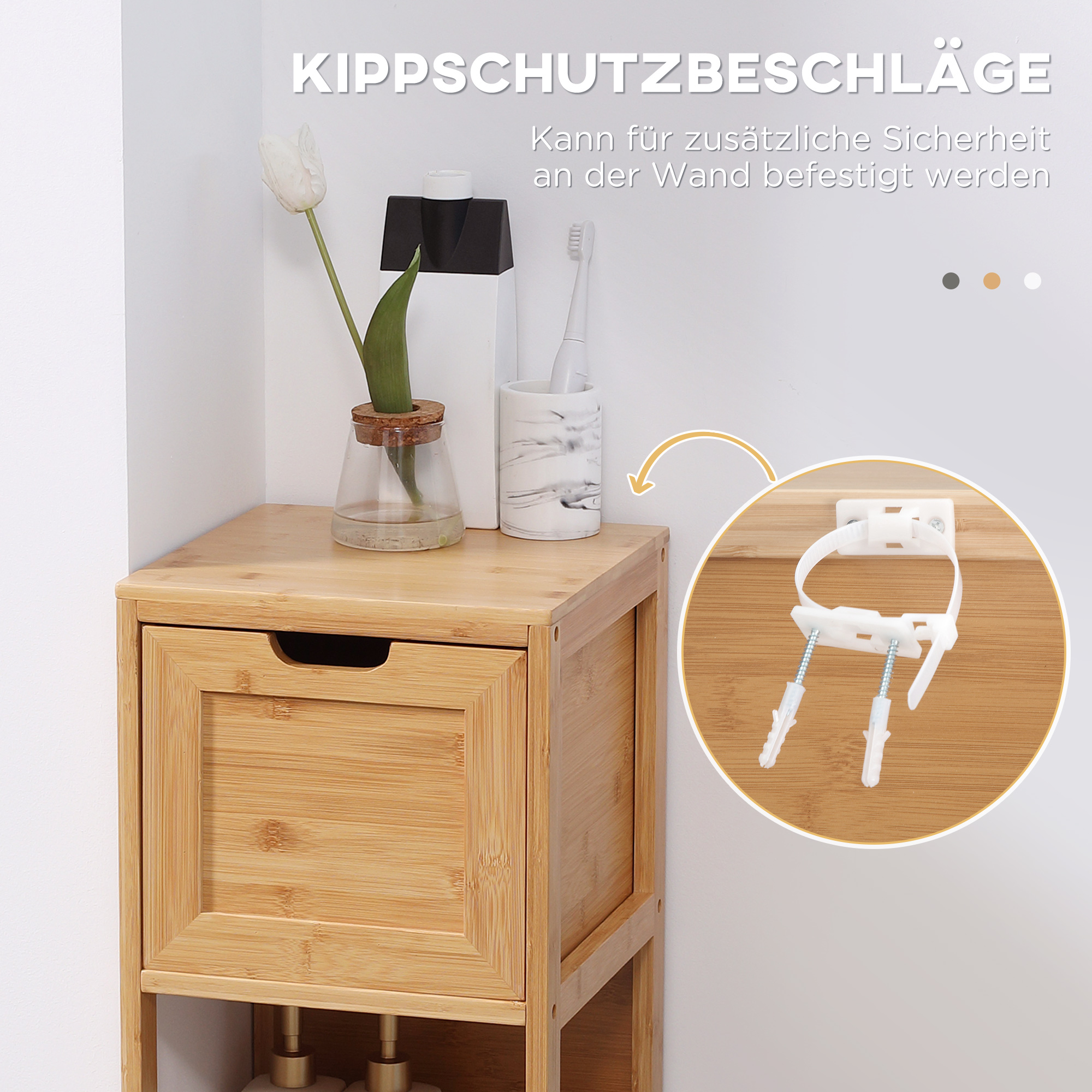 Badezimmerschrank aus Bambus, 1 Regal, 2 Schubladen, 30 cm x 30 cm x 90 cm; Natur