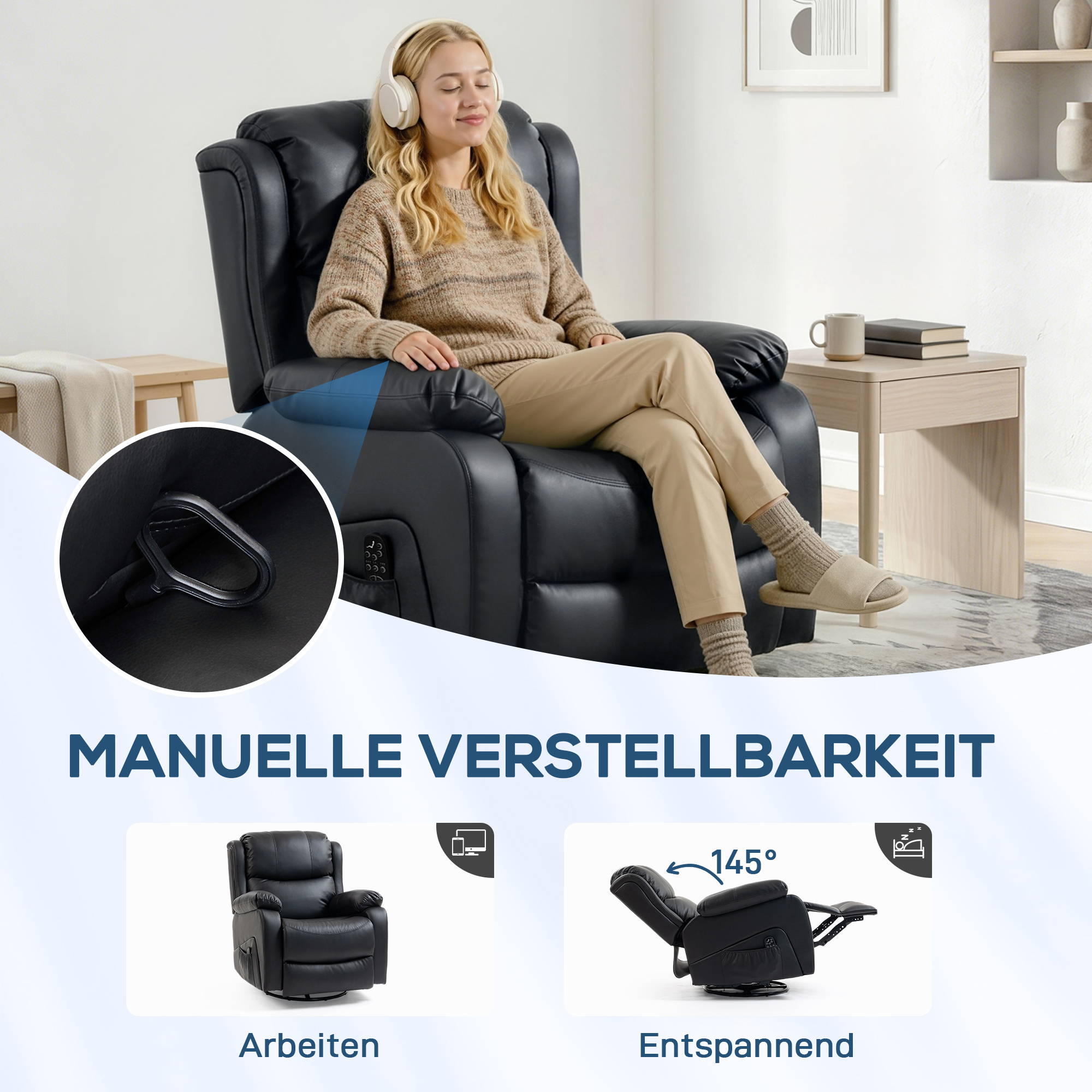 Massagesessel, Wärme- & Liegefunktion, Kunstleder, bis 150kg, 97x92x104cm, Schwarz