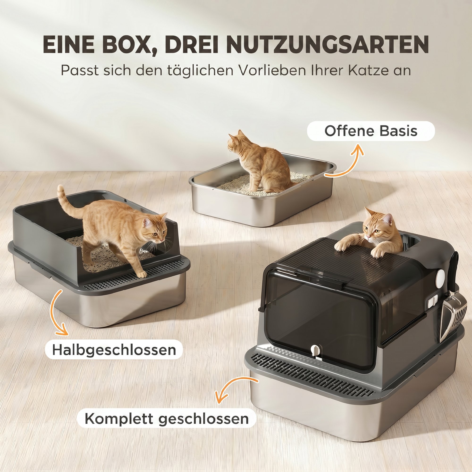 Katzenklo Edelstahl mit Deckel XXL 72L für große Katzen und Mehrere Katzen mit Doppeltüren Schaufel Pedal Anti-Leck
