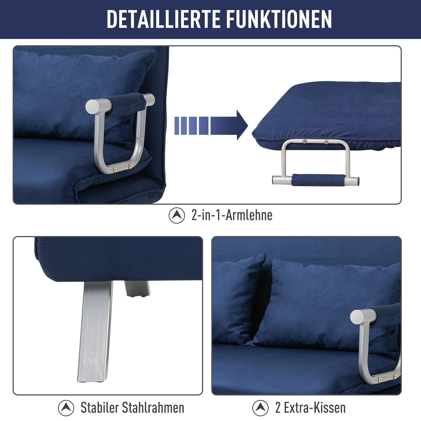 Schlafsofa, 5-fach verstellbar, Wildlederimitat, Metallrahmen, inkl. Kissen, Marineblau