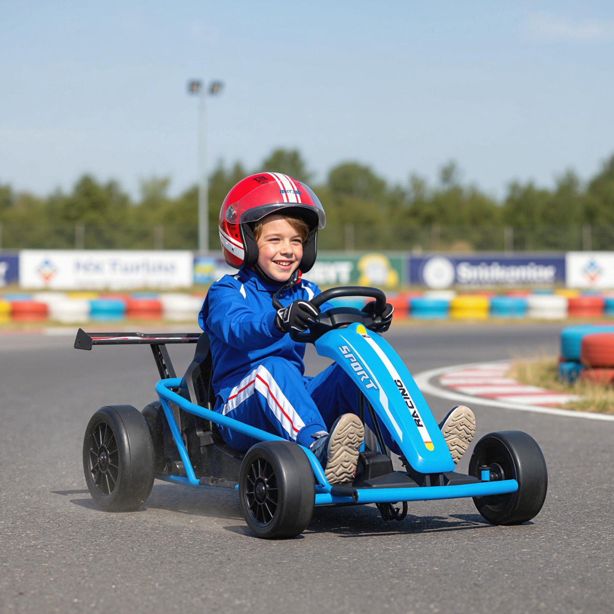 24V Elektro-Go-Kart zum Fahren und Driften, Nylon-Reifen, Sicherheitsgurt, Hupe, Musik für 8-12 Jahre Blau