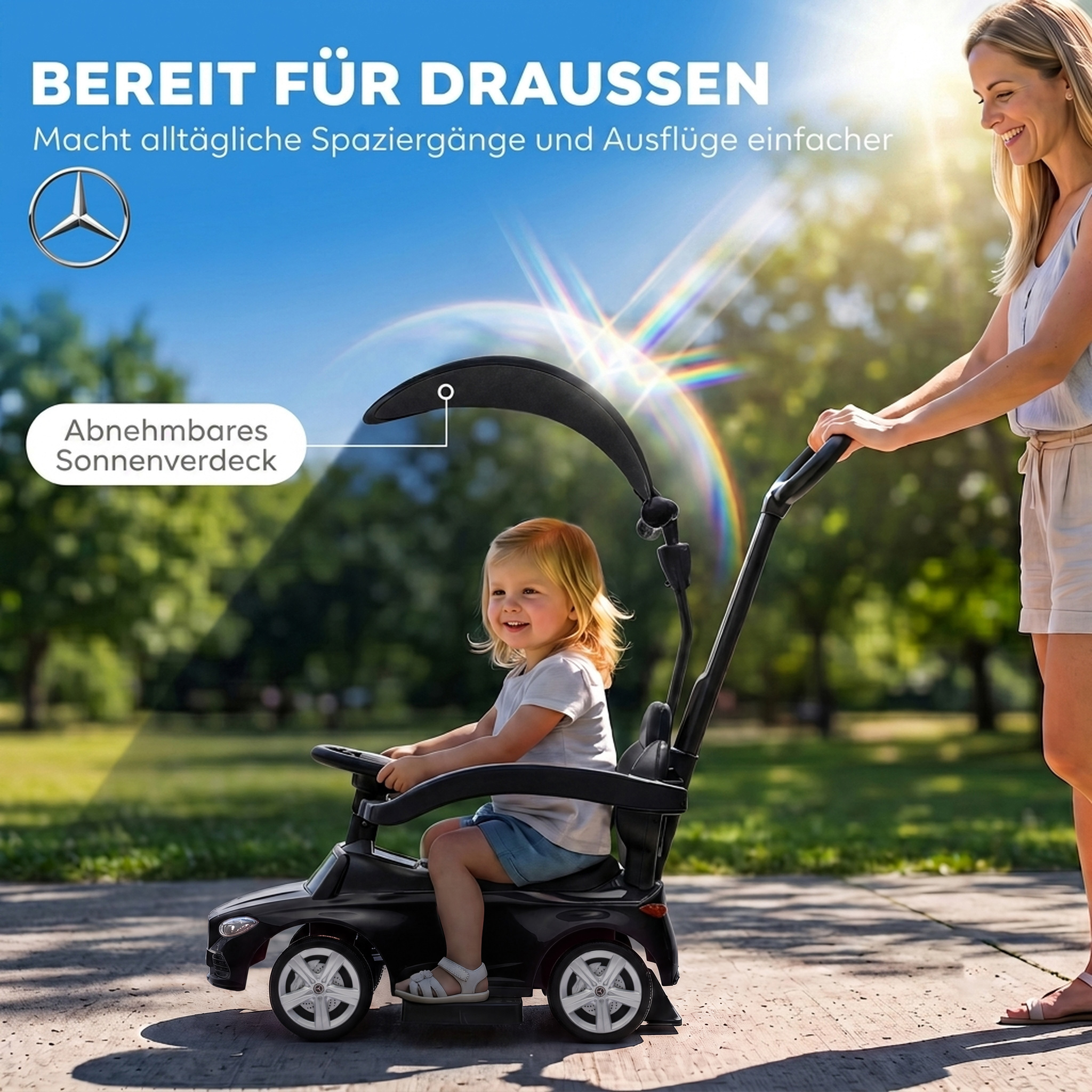 3-in-1 Rutschauto mit Schiebstange Mercedes-Benz Rutschfahrzeug mit Lenkrad Hupe Musik Dach Sitzstauraum Schwarz