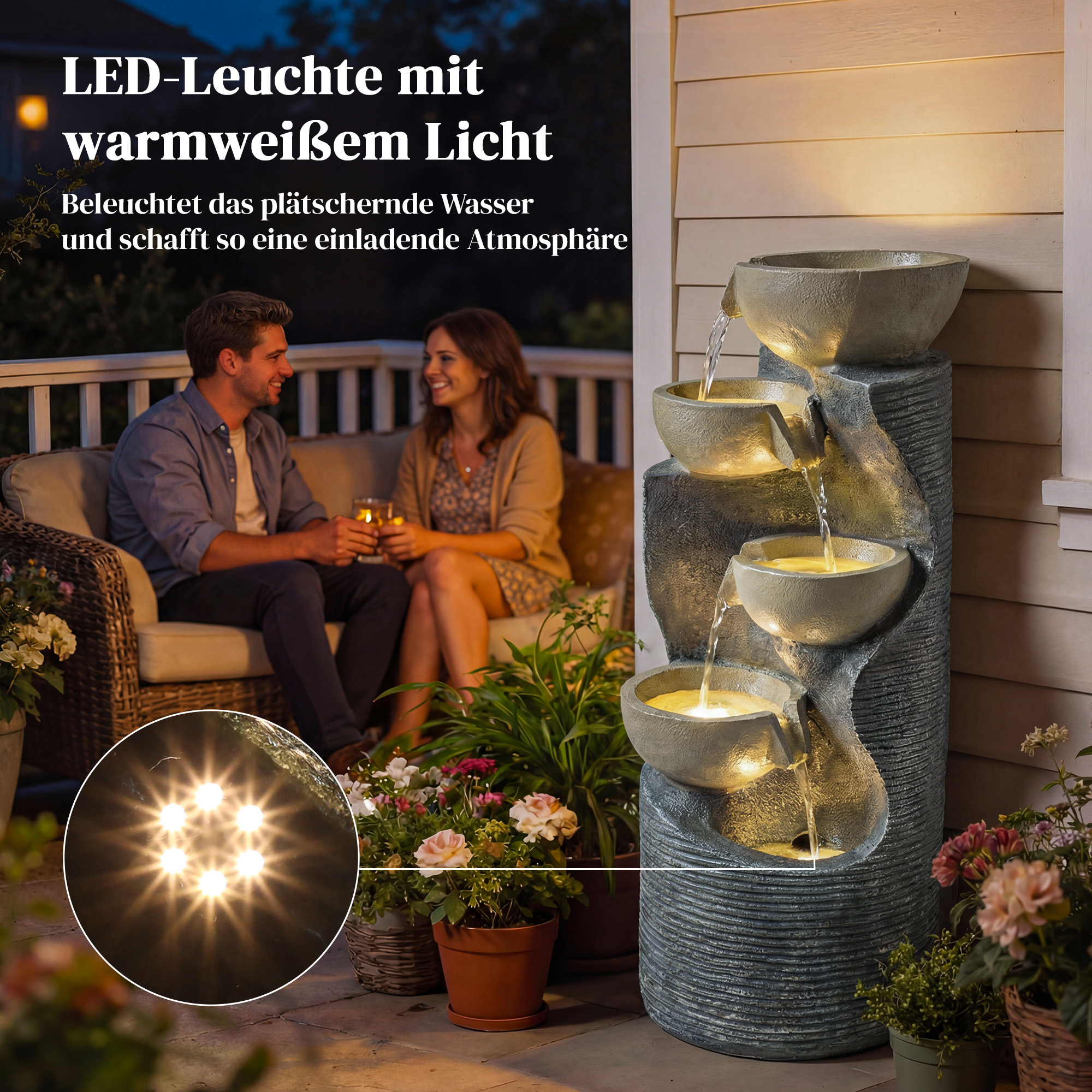 Springbrunnen 5-stufig Gartenbrunnen mit LED Beleuchtung Pumpe Steinoptik, Verstellbar 33 x 31 x 80 cm