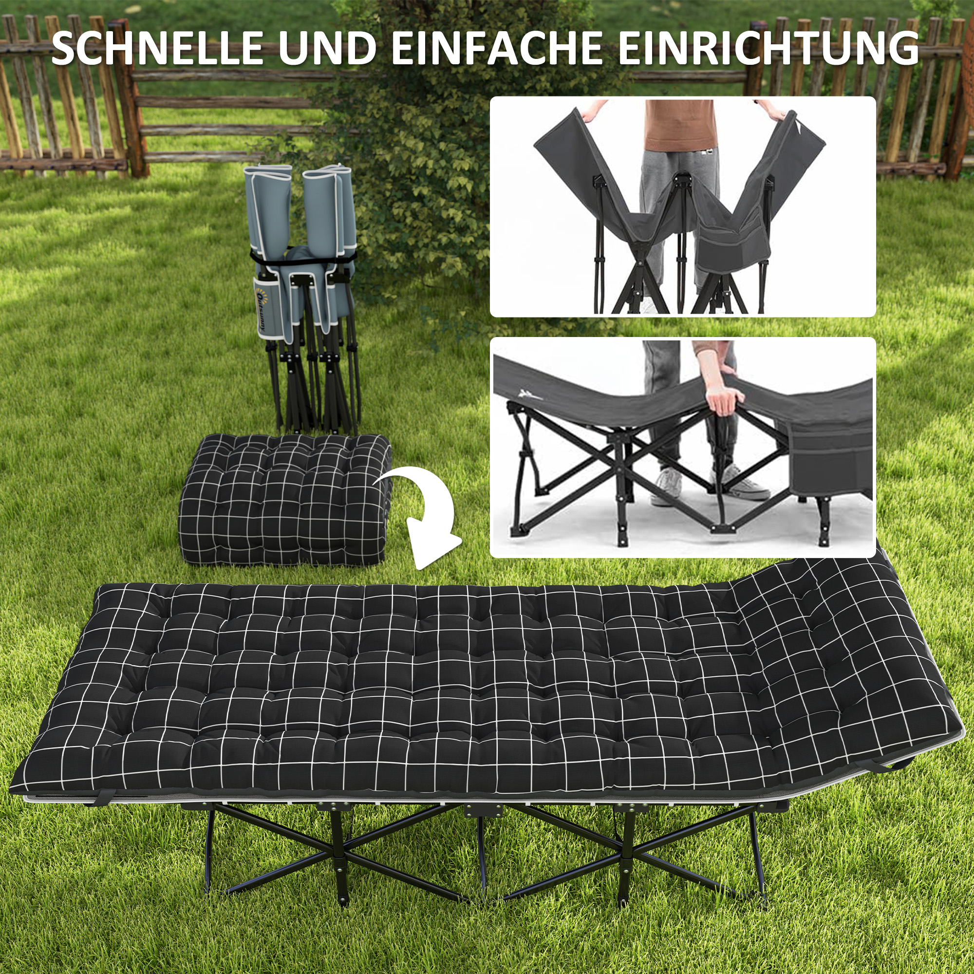 Klappbares Campingbett, Feldbett mit Matratze, ergonomisch, Metallrahmen, Schwarz