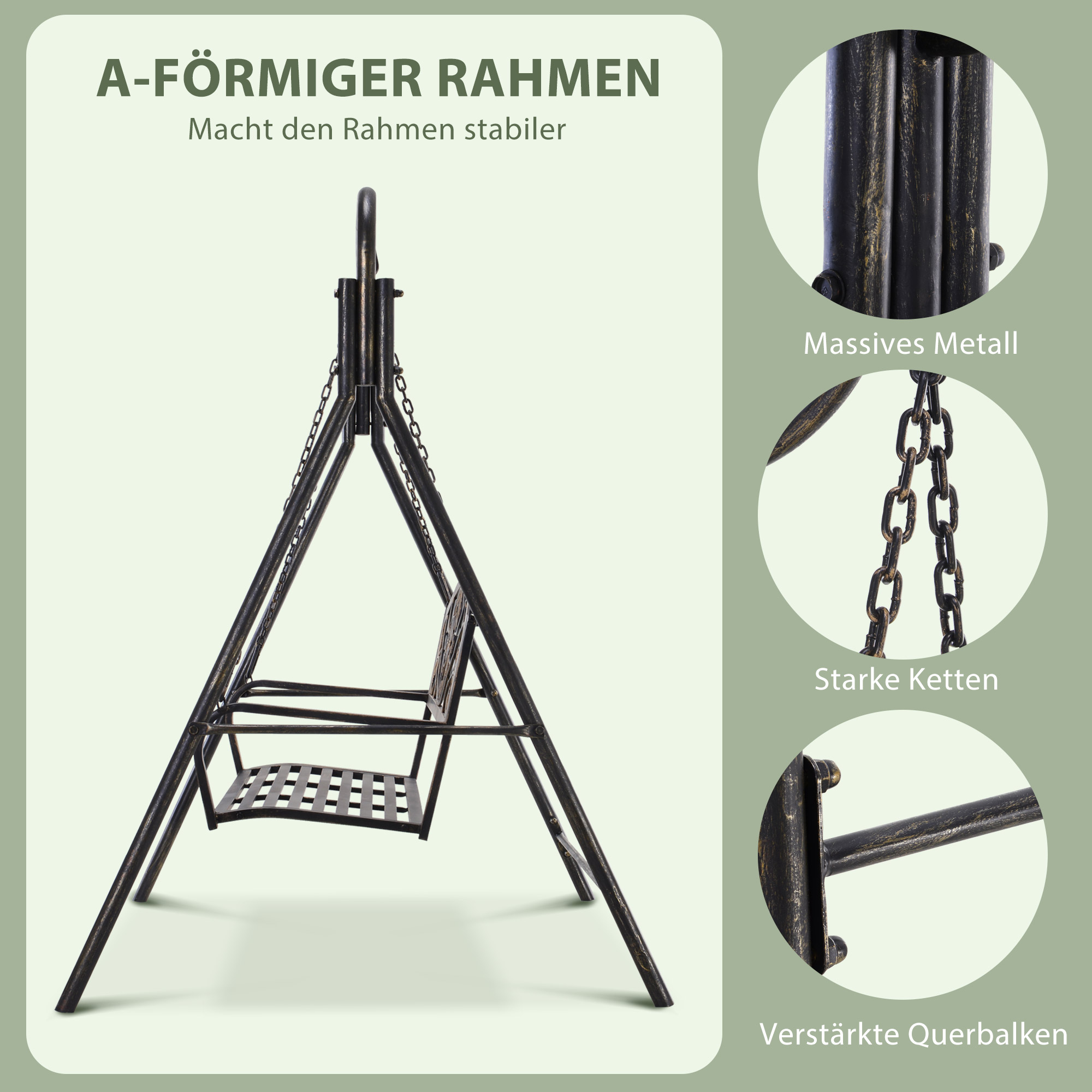 Gartenschaukel Schaukelbank für den Garten Outdoor-Schaukel, Vintage Design, Messing-Optik, 167 cm x1 23 cm x 175cm