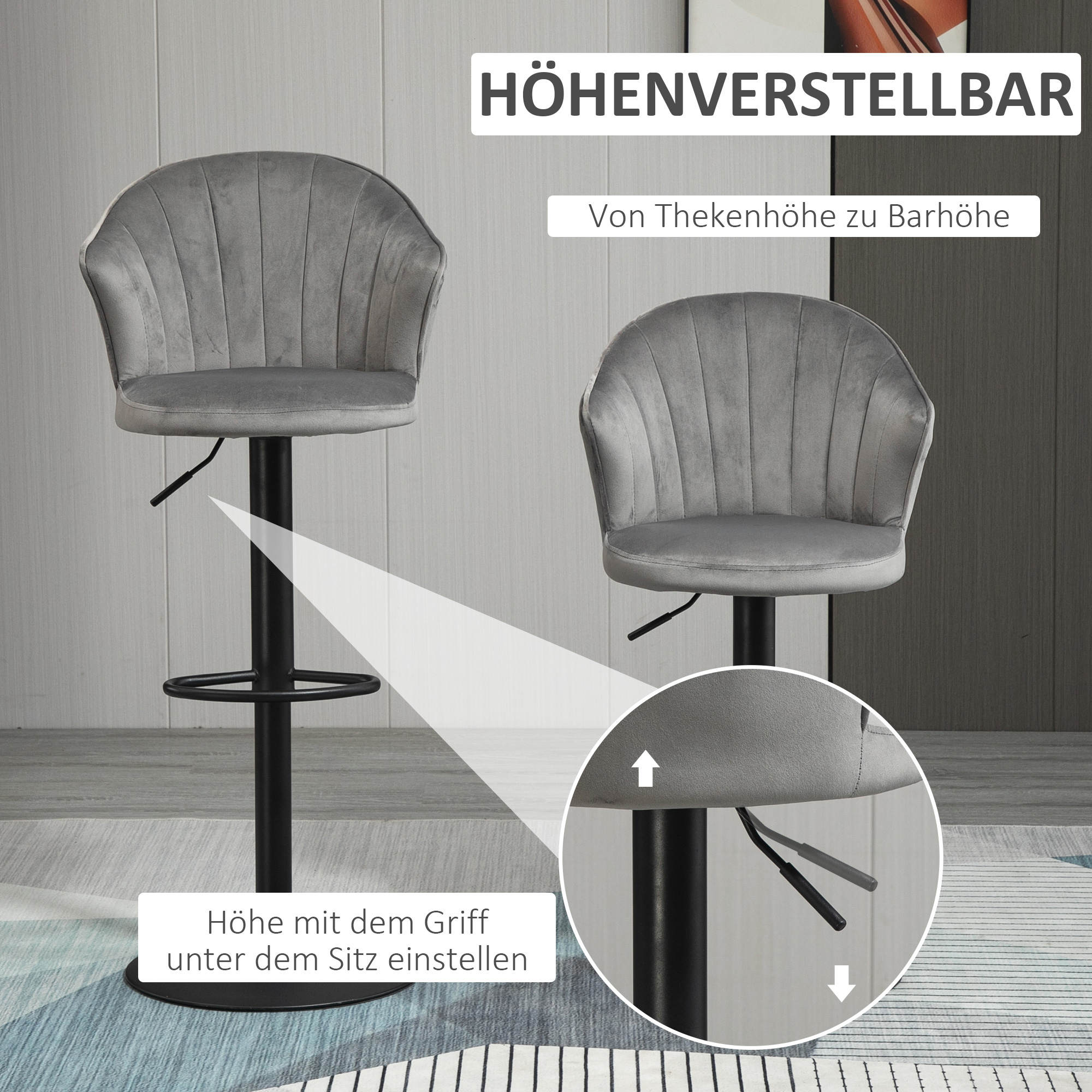 2er-Set Barhocker drehbare Barstühle mit Lehne Samt Touch Bistrohocker höhenverstellbarer Tresenhocker armloser Schaumstoff Grau 54 x 56 x 91-111 cm