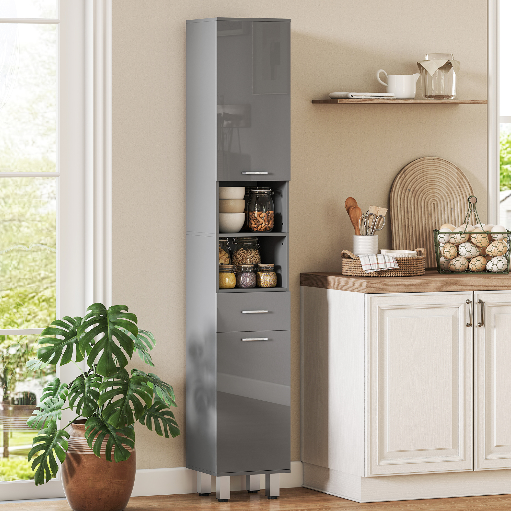 Badezimmerschrank, Badkommode, mit Regalen und Schublade, verstellbar, Grau
