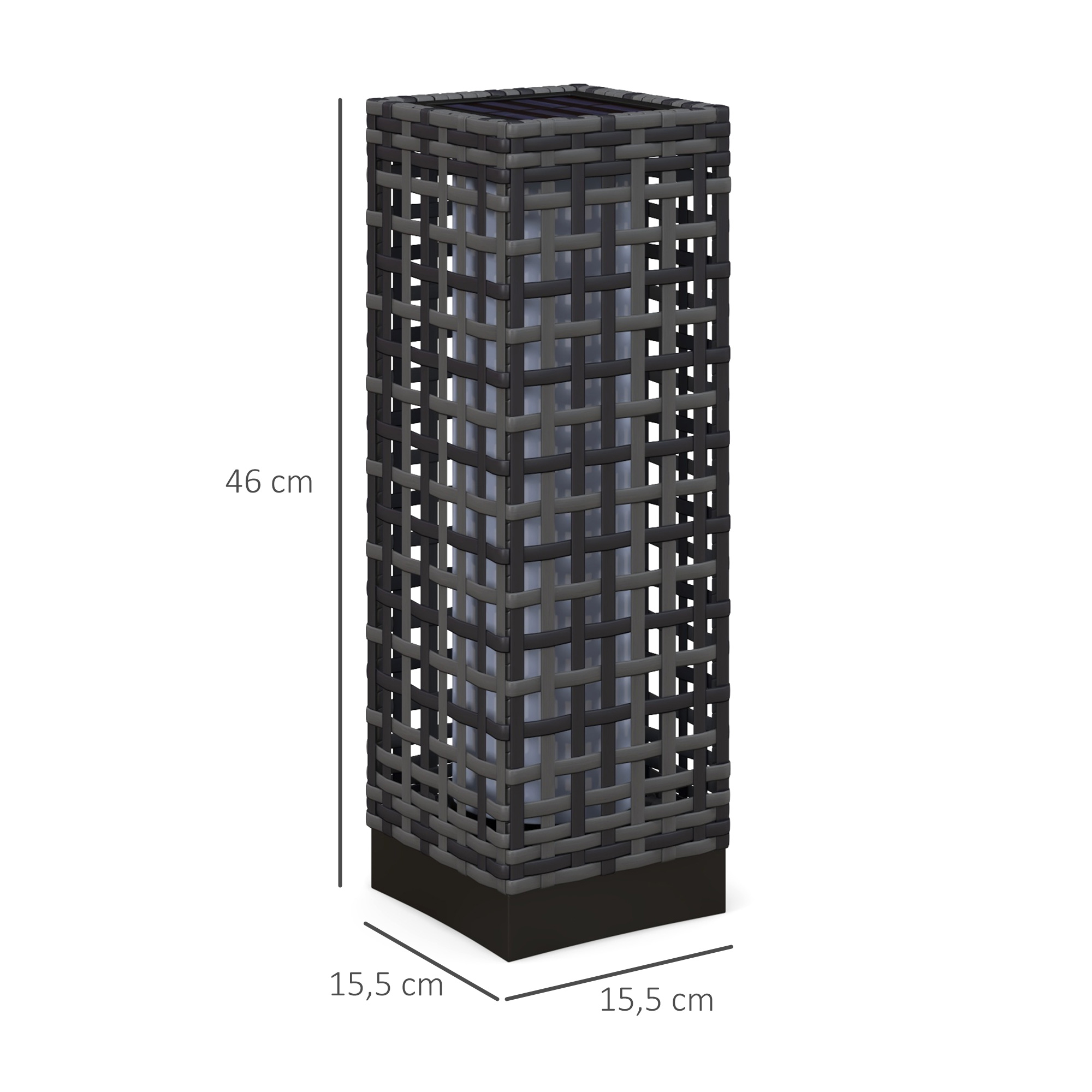 Außenleuchte mit Solarmodul, Einschaltautomatik, 8 h Betriebszeit, Rattanoptik, Stahl, 15,5 x 15,5 x 46 cm, Grau