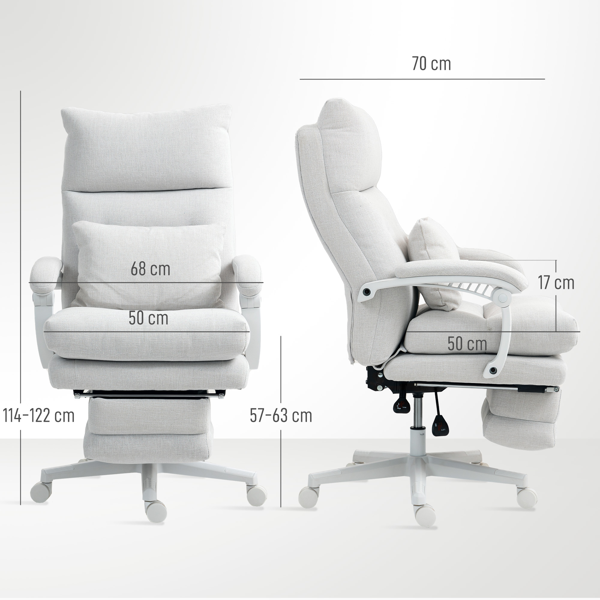 Rollsessel, Leinenoptik, höhenverstellbar, 160 Grad neigbar, Fußstütze, Cremeweiß