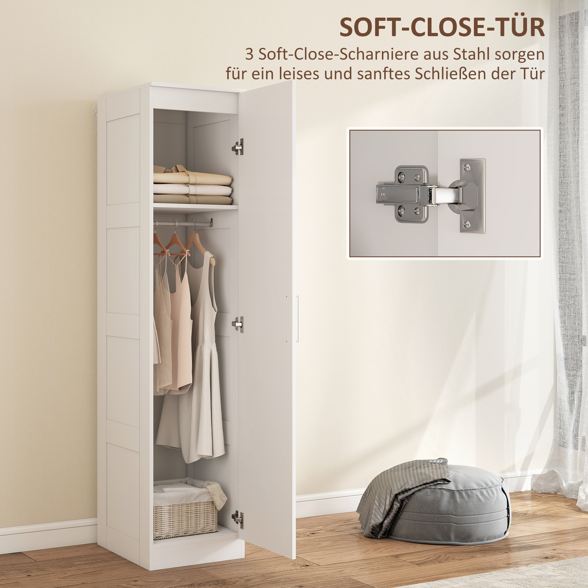 Kleiderschrank Mehrzweckschrank mit Kleiderstange, Regal, Soft-Close-Tür 40 x 52 x 180 cm Weiß