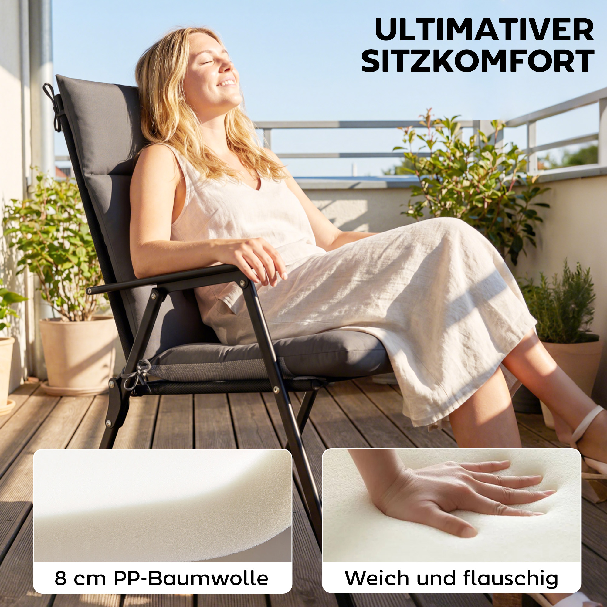 4er Set Sitzkissen wasserabweisend rutschfest Stuhlkissen mit Bändern, Indoor Outdoor 111,5 x 53 x 8 cm Dunkelgrau