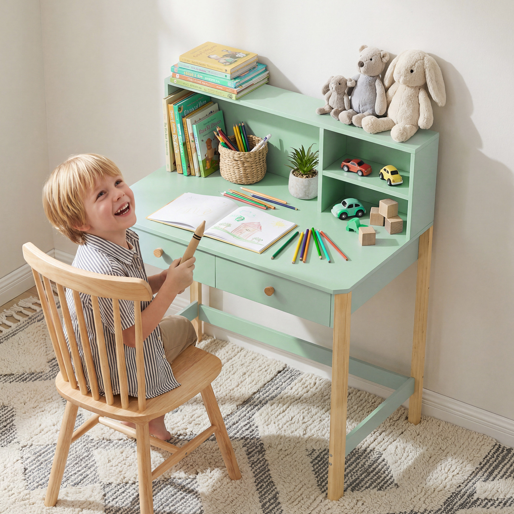 Kinderschreibtisch Schülerschreibtisch mit Schubladen Regal Stauraum für 5-12 Jahre Kinder 90 x 52 x 105 cm Grün