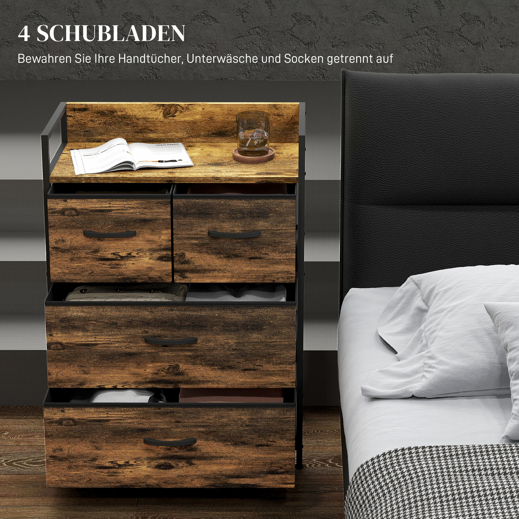 Kommode, Sideboard, 4 Stoffschubladen, Industrial Design, 60x29x85cm, Braun/Schwarz