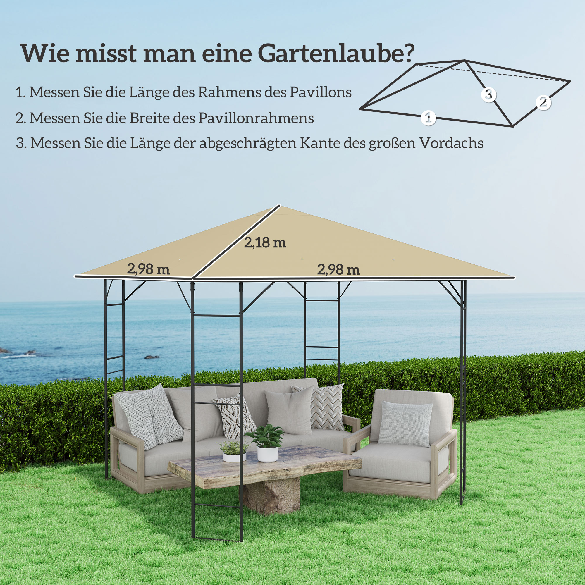 Ersatzdach für Pavillon 3 x 3 m wasserabweisend Pavillondach UPF30+ Ersatzbezug Oxford-Stoff, 370 g/m², Beige