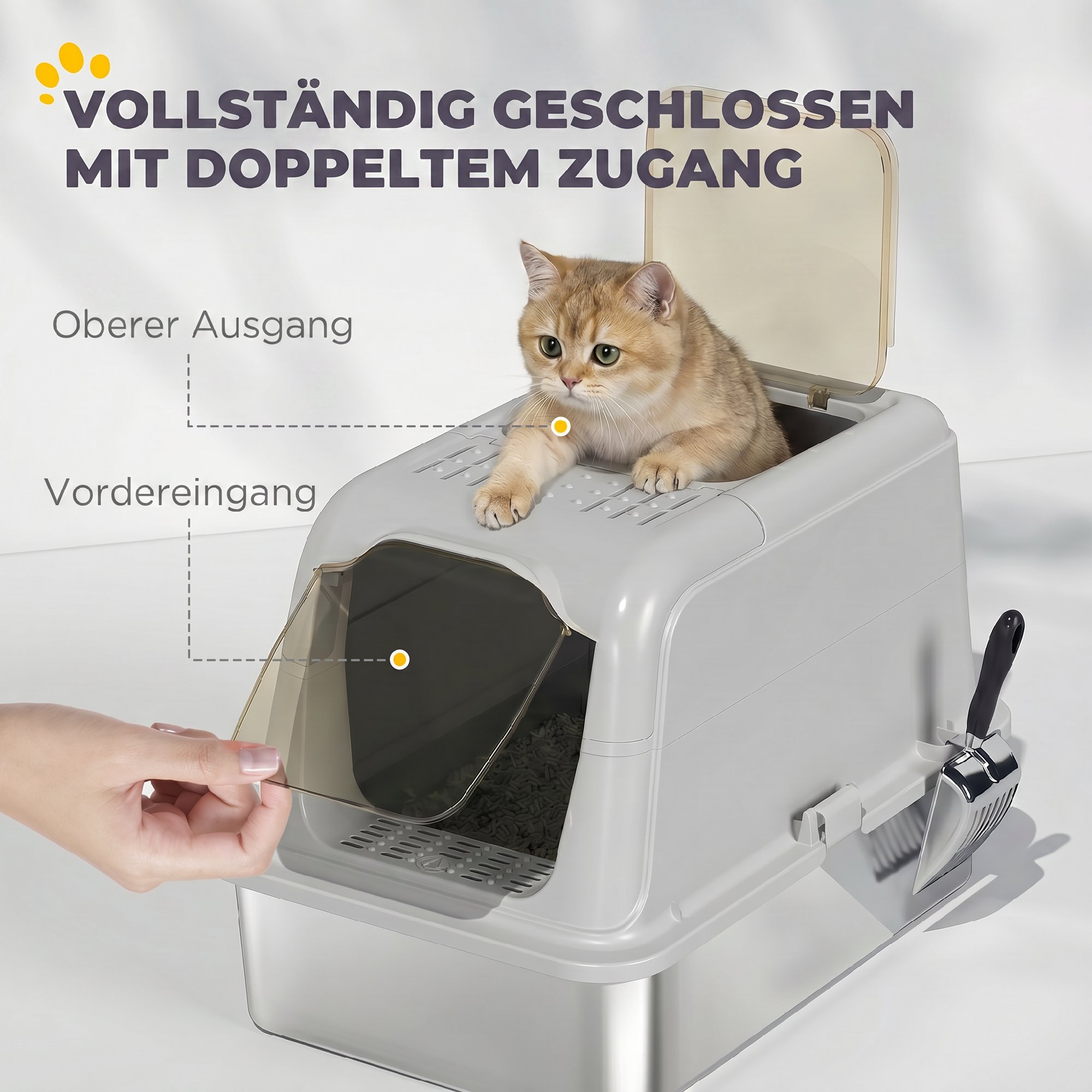 Katzenklo, Katzentoilette mit Deckel, Streuschaufel, vorne Eingang und ober Ausgang Edelstahl bis 8 kg
