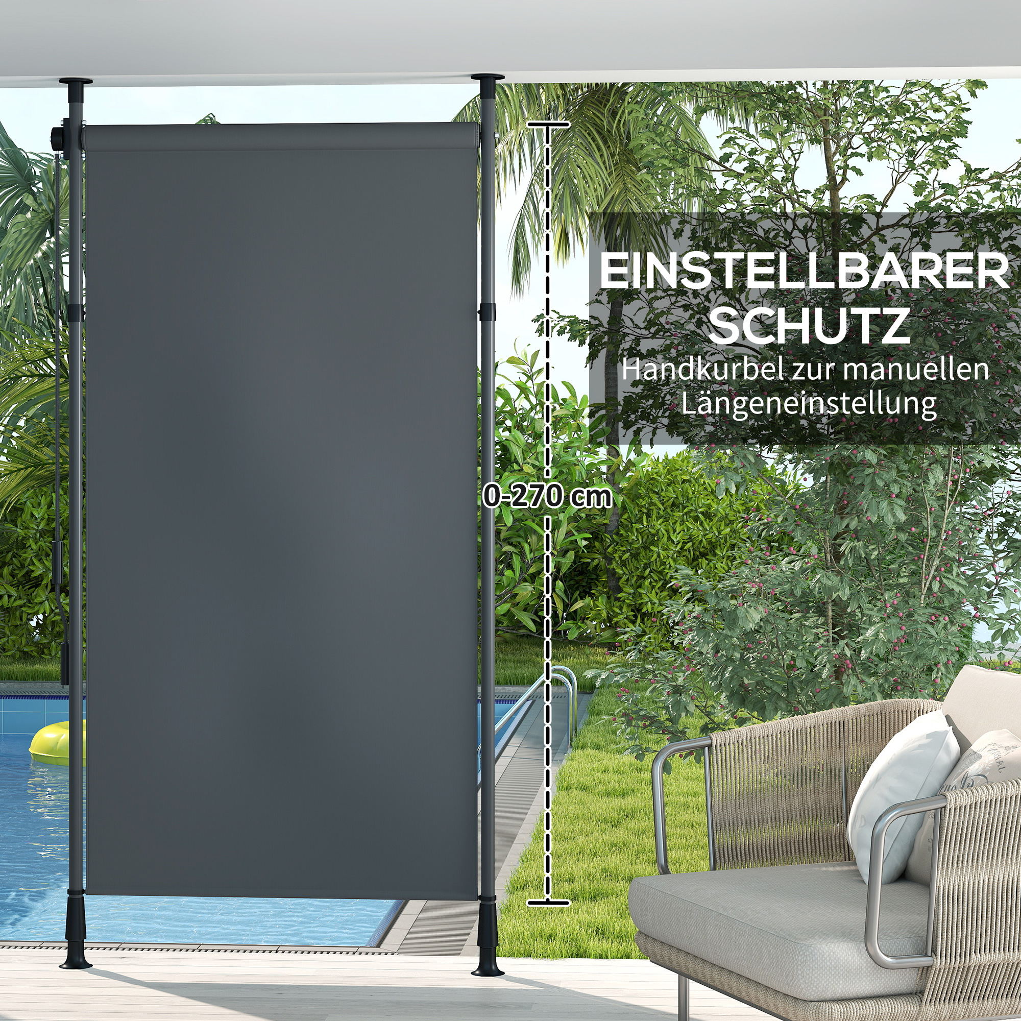 Freistehende Markise, verstellbare Länge, Montage ohne Bohren, Aluminiumrahmen, 1,5 x 2,2-3,1 m, Dunkelgrau