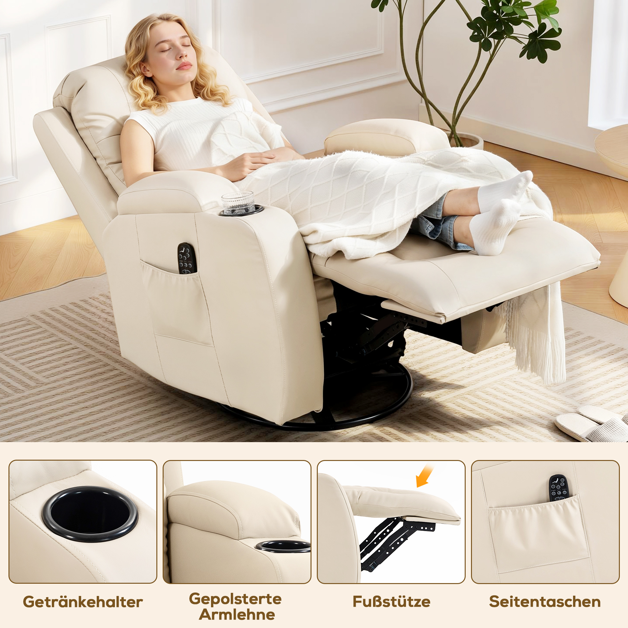 Massagesessel mit Wipp-, Liege- & Wärmefunktion, 3 Modi, drehbar, Cremeweiß