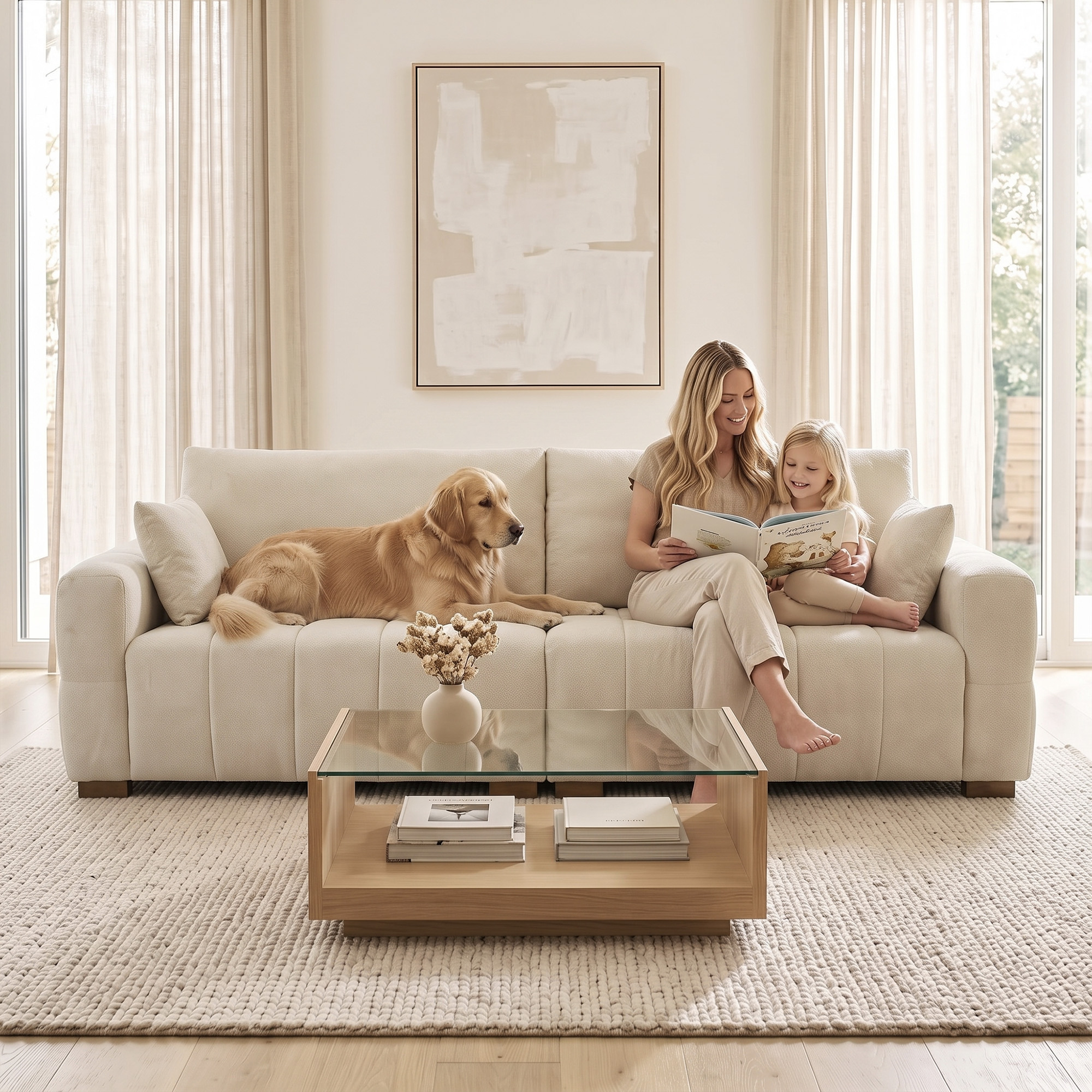 3-Sitzer Sofa mit bodentiefen Armlehnen gepolsterte Wohnzimmercouch Holzbeine Cremeweiß