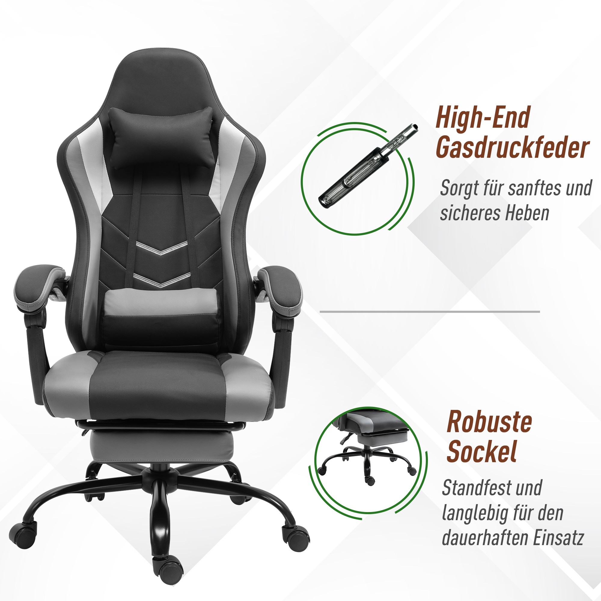 ergonomischer Gaming Stuhl Bürostuhl Schreibtischstuhl, Drehstuhl Höhenverstellbar, Verstellbares Lendenkissen mit Fußstützen Schwarz 62x52x128 cm