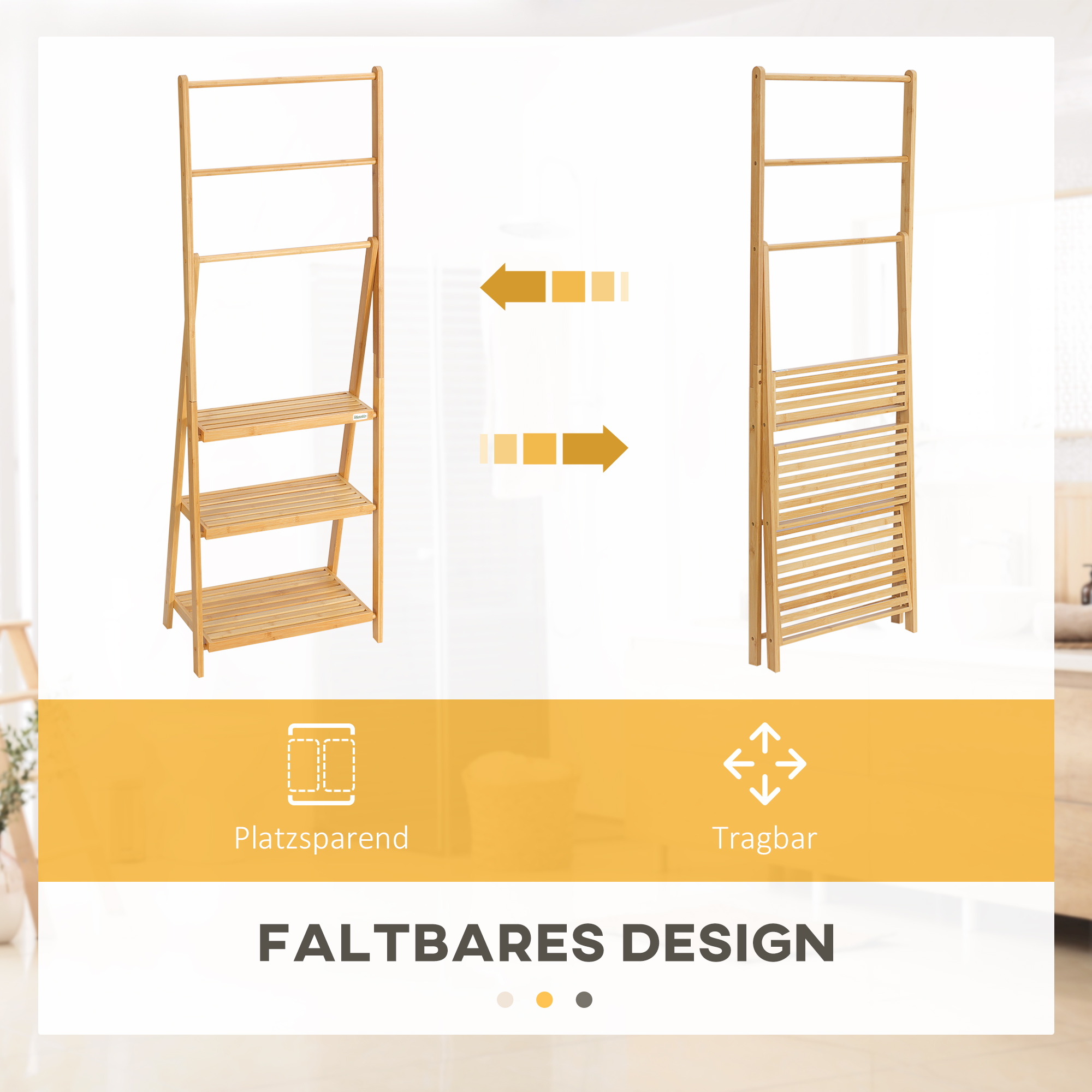 Handtuchleiter aus Bambus mit Regalen, 3 Regale, 3 Handtuchhalter, klappbar, 53 cm x 30,5 cm x 152 cm, Natur