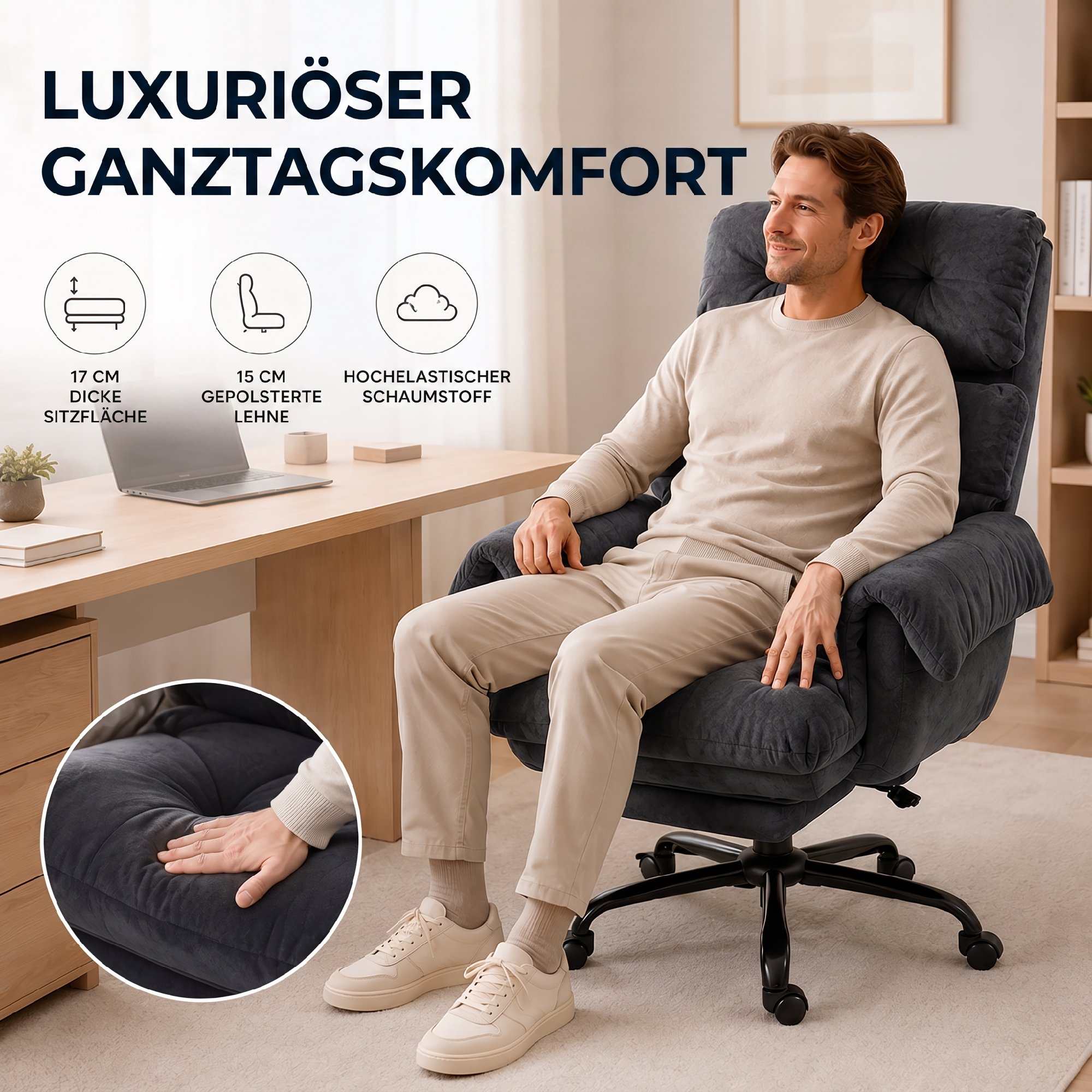 Bürostuhl mit verstellbarer Rückenlehne, rollbarer Polsterstuhl, Polstersessel, höhenverstellbar, Stahl, Dunkelgrau