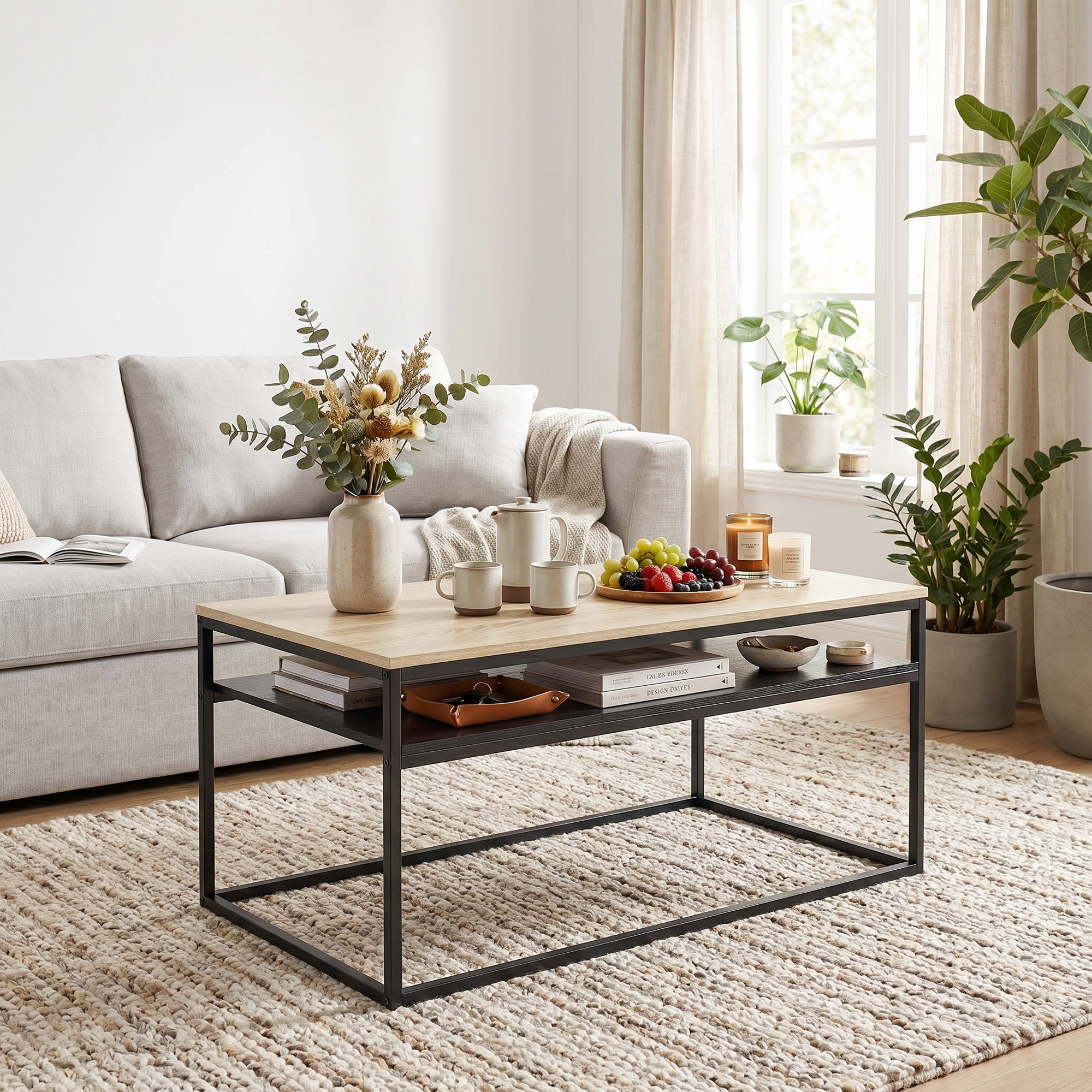 Couchtisch mit Ablage, moderner Industriestil, Wohnzimmertisch für Wohnzimmer, Schlafzimmer, 100 x 59,8 x 47 cm, Eiche
