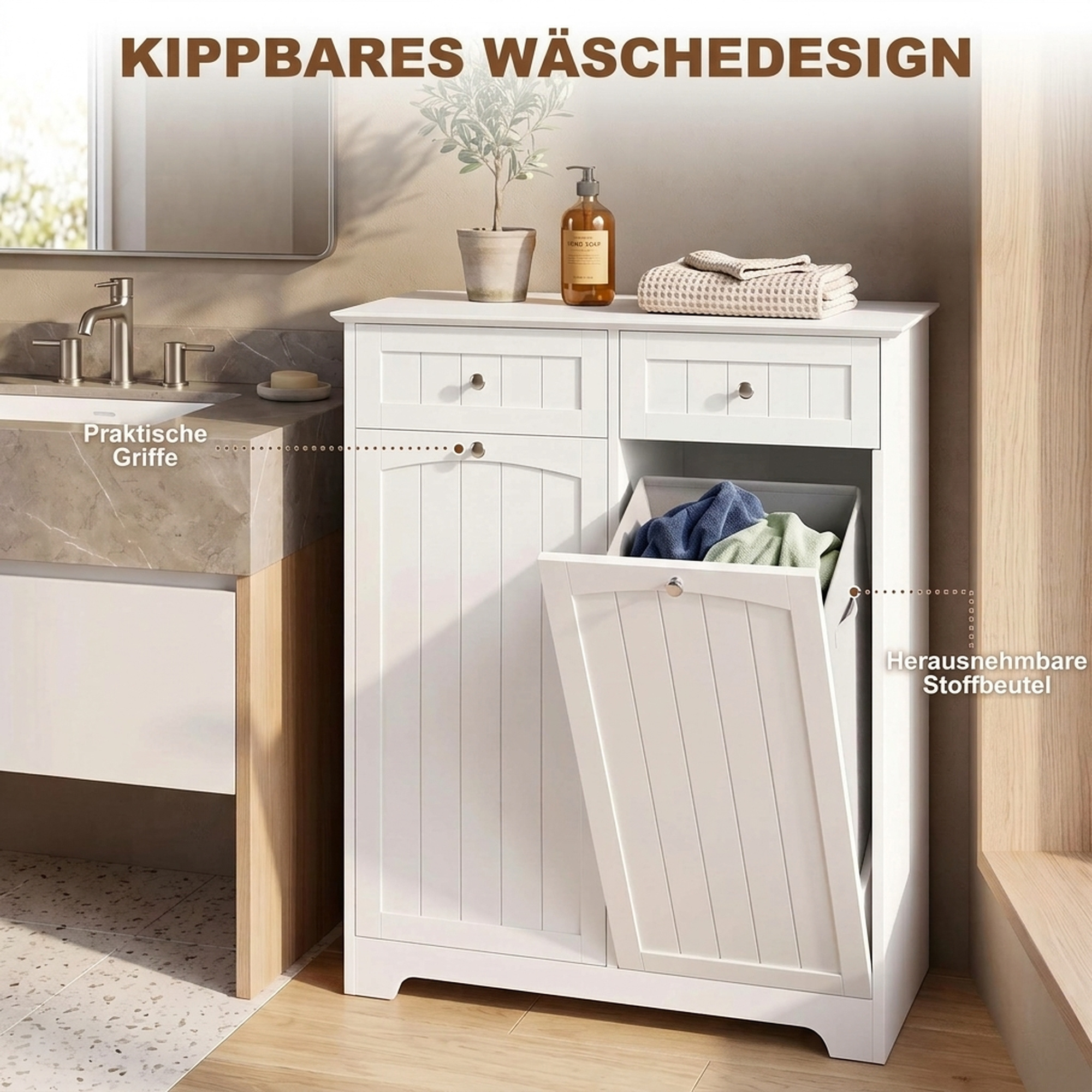 schmaler Badschrank freistehend mit Schubladen und Wäschekippe Badezimmerschrank 78x38x90 cm Weiß