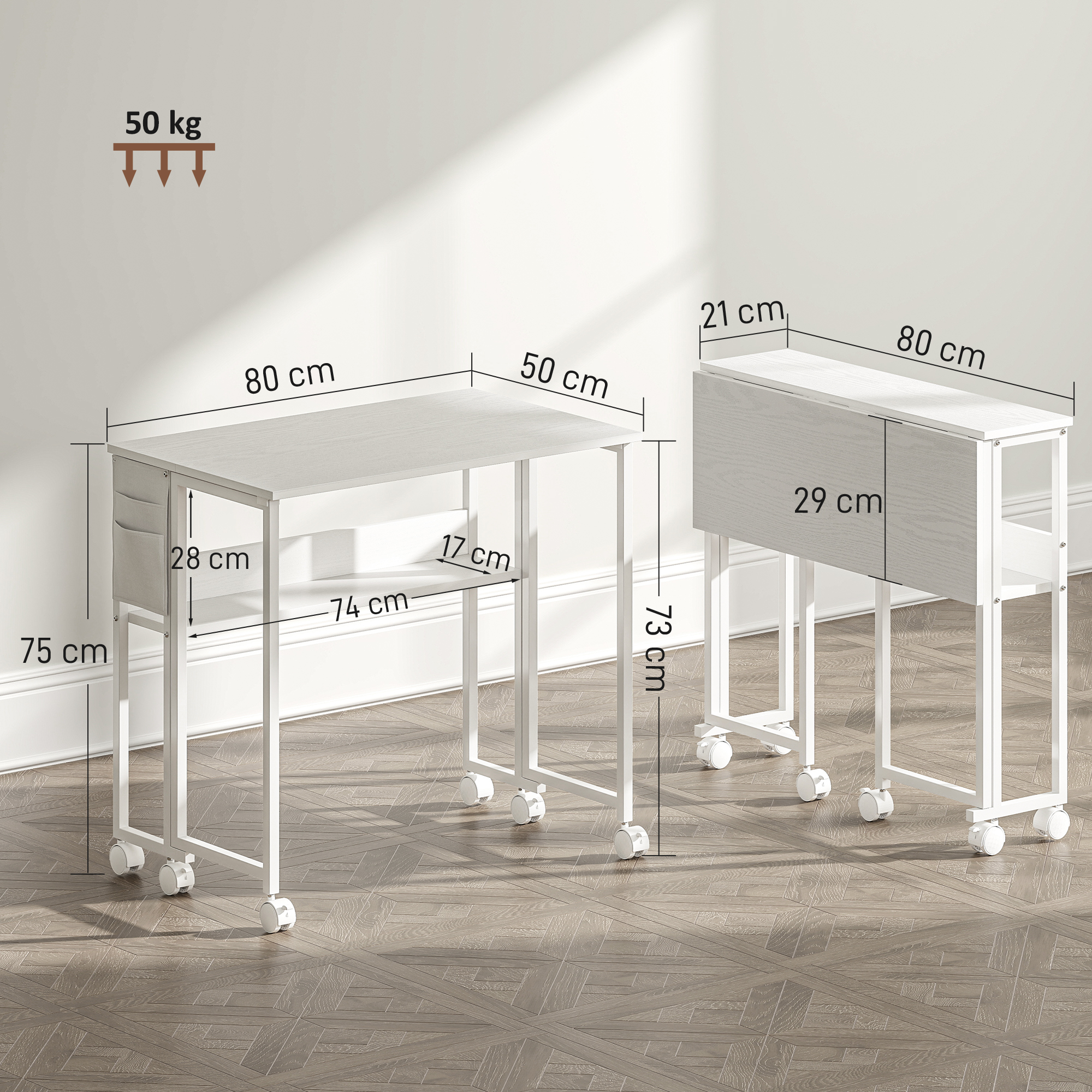 faltbarer Schreibtisch, zum Beistelltisch umwandelbar, offenes Regal, Weiß