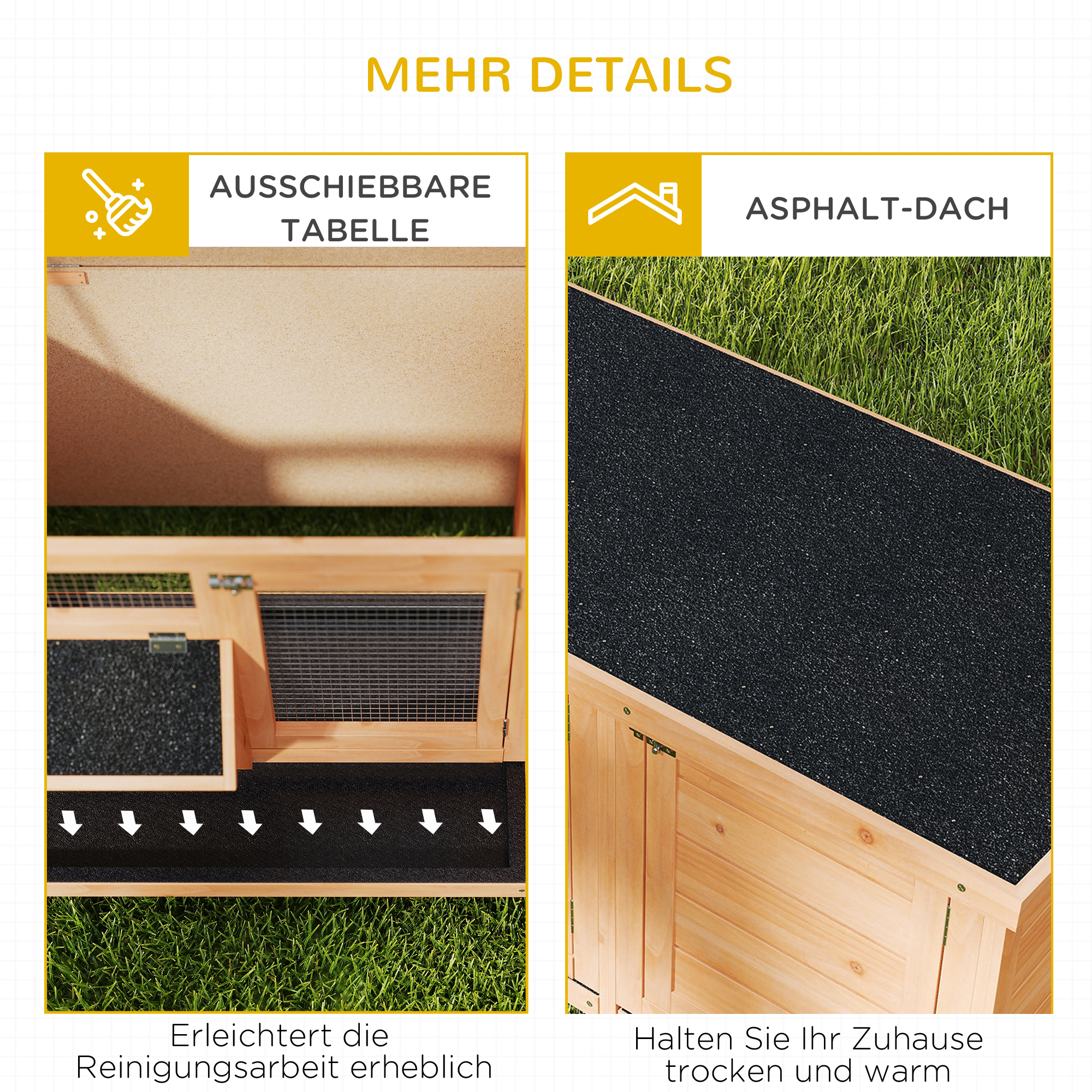 Hasenstall Winterfest Kaninchenstall aus Holz 112x50x54 cm Kaninchenkäfig mit Bitumendach, 2 Türen, Metallgitter, Hasenkäfig für Kaninchen, Meerschweinchen Outdoor Natur+Schwarz