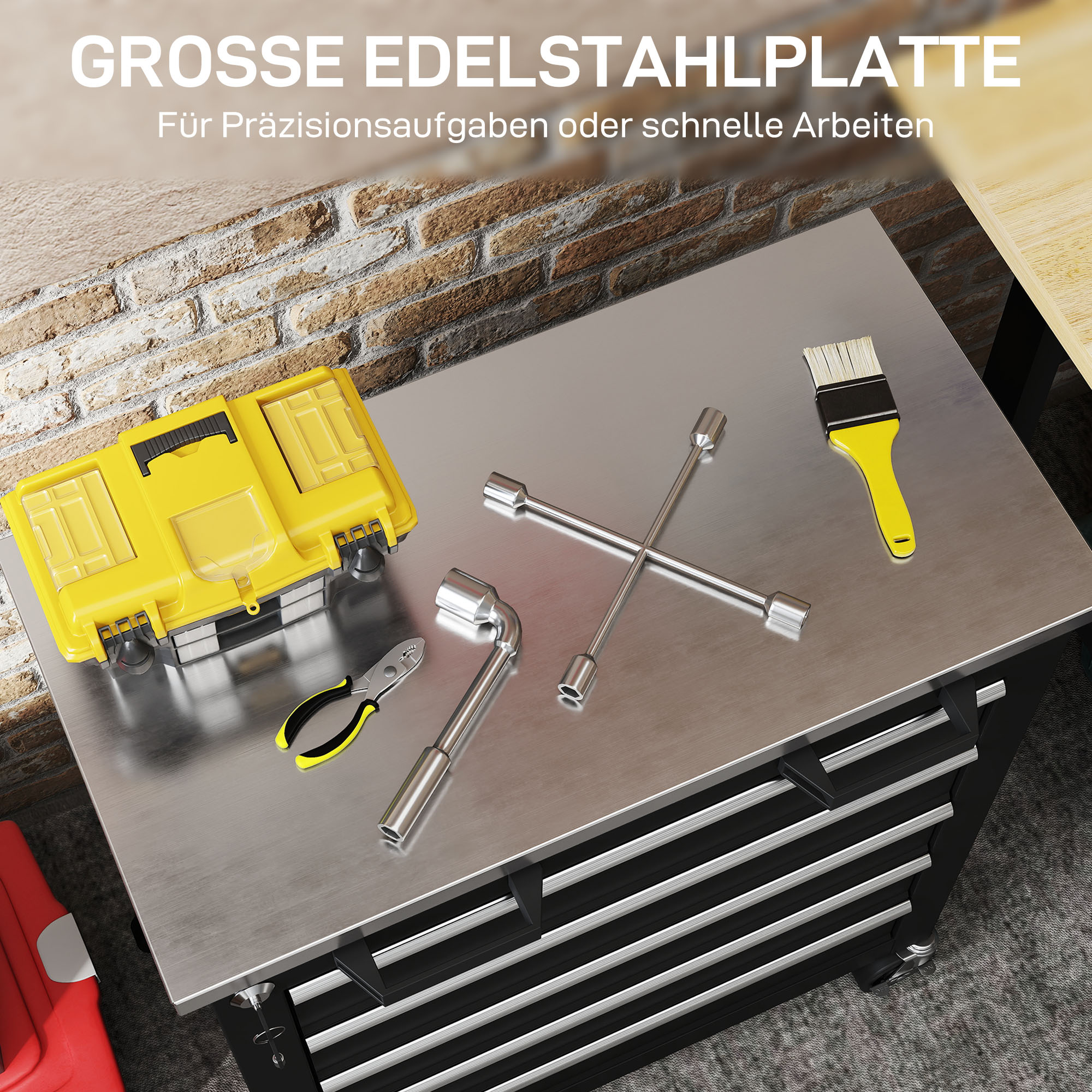 Werkzeugschrank mit 5 Schubladen, rollbare Werkzeugkiste, Werkzeugwagen aus Stahl, Silberton+Schwarz