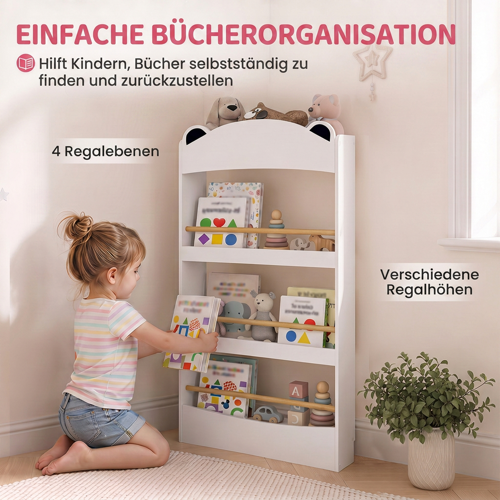 Bücherregal Kinder, Wandmontiert Kinderregal mit 4 Ebenen, Wandregal mit bärenförmige Design, 50 x 15 x 97 cm Weiß