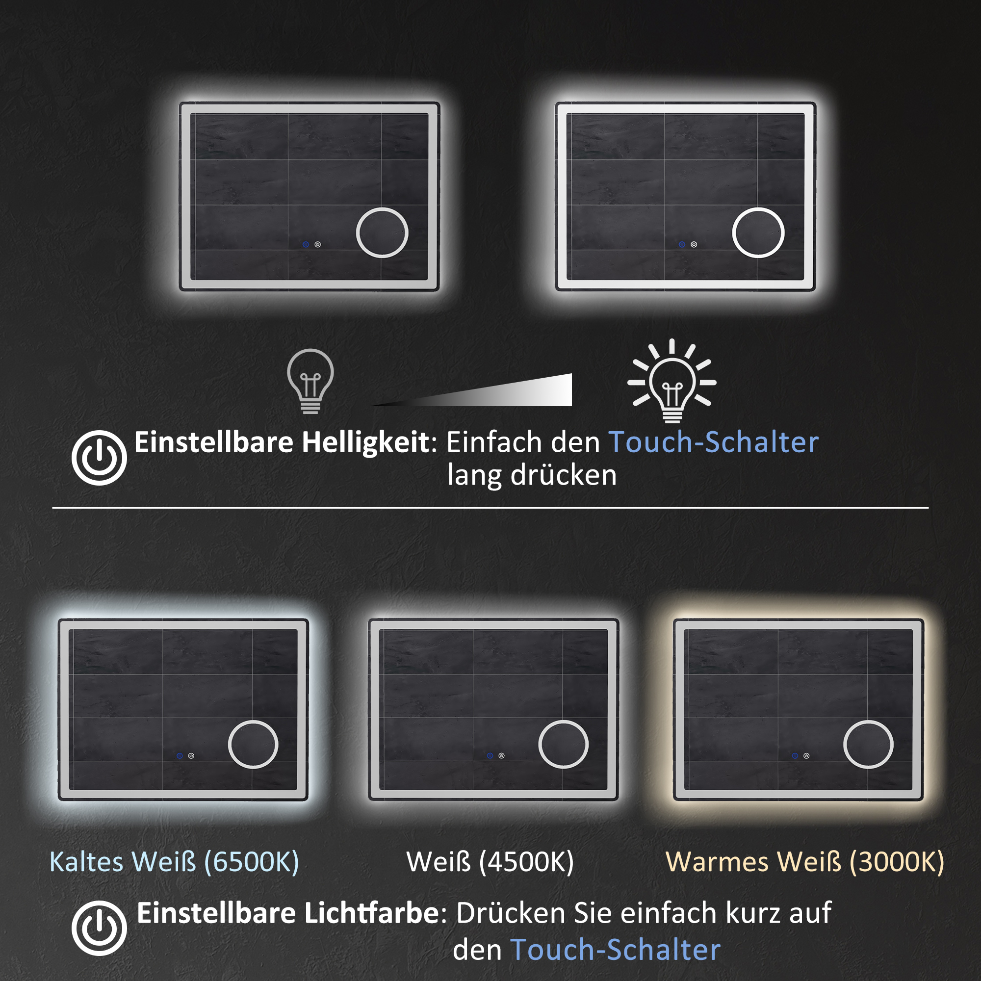 LED Badezimmerspiegel mit 3x Vergrößerung, Touch-Funktion, Memory-Funktion, kein Beschlagen, 80 x 60 cm